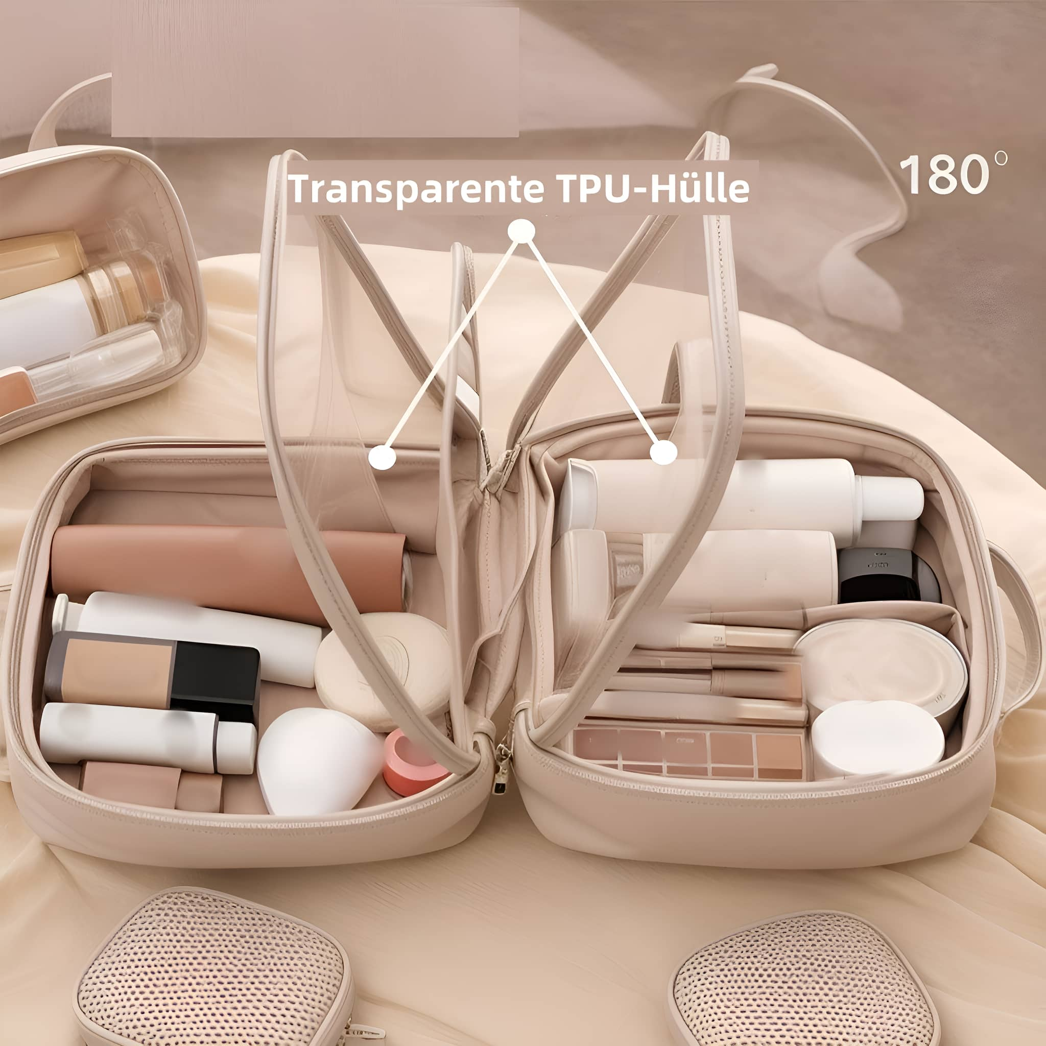 Offene Make-up-Tasche mit verschiedenen Kosmetika. Die Tasche ist beige und hat eine transparente Oberseite.