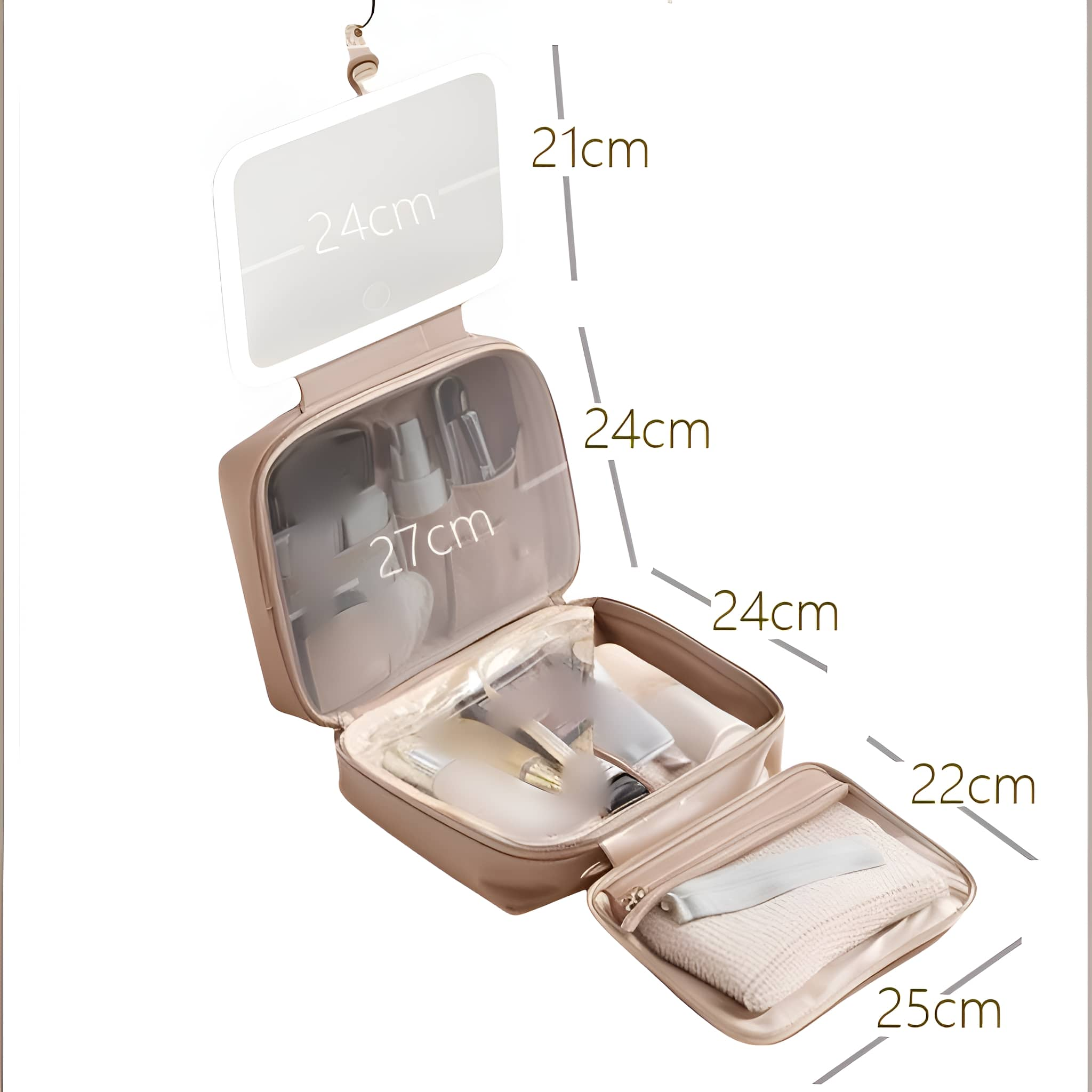 Offene Kosmetiktasche mit Spiegel, gefüllt mit Flaschen und Tuben. Eine kleinere Tasche mit einem Handtuch ist ebenfalls sichtbar.
