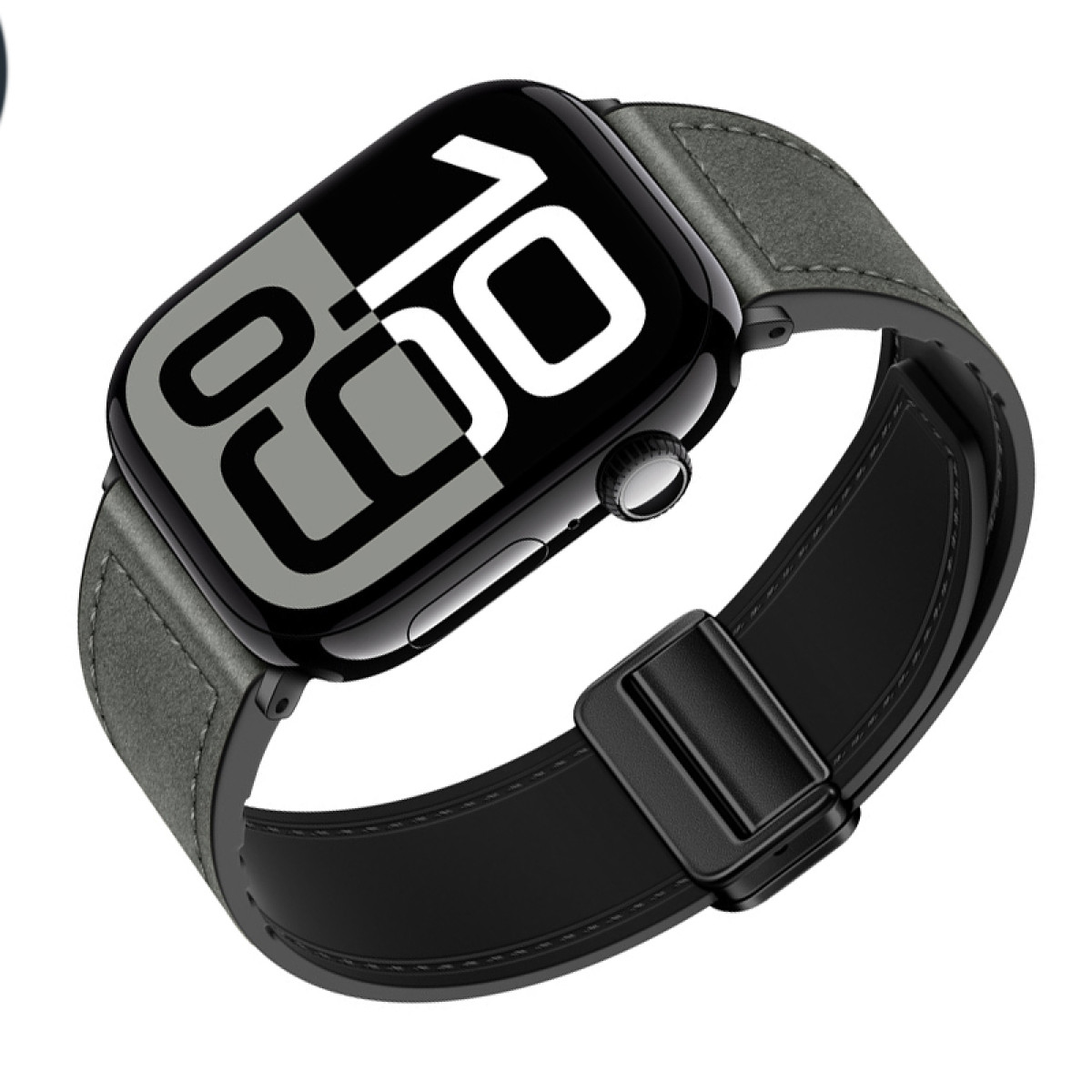 Apple Watch z szarym paskiem. Tarcza zegarka wyświetla godzinę. Pasek ma czarną klamrę.