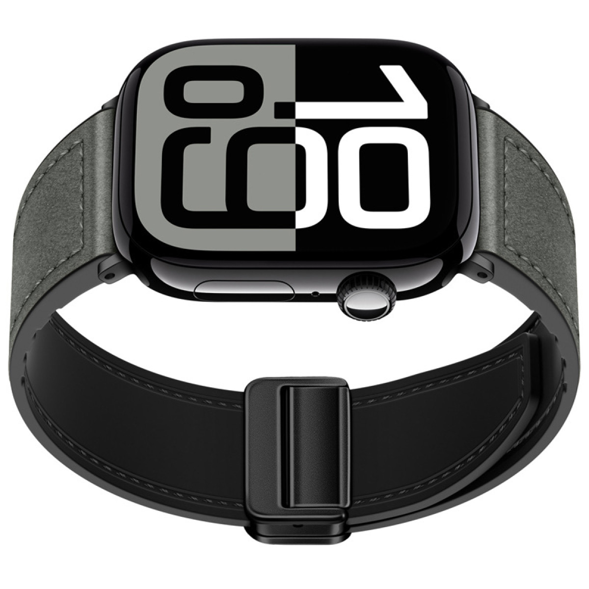 Czarny Apple Watch z szarym paskiem na białym tle, pokazujący godzinę 09:10.