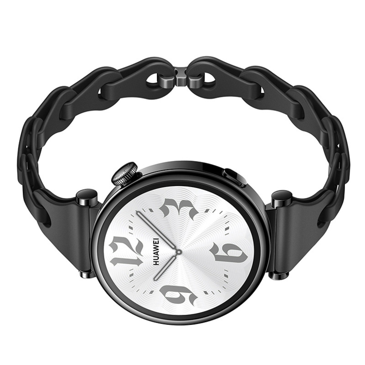 Czarny smartwatch z paskiem w kształcie łańcucha. Białe tło.