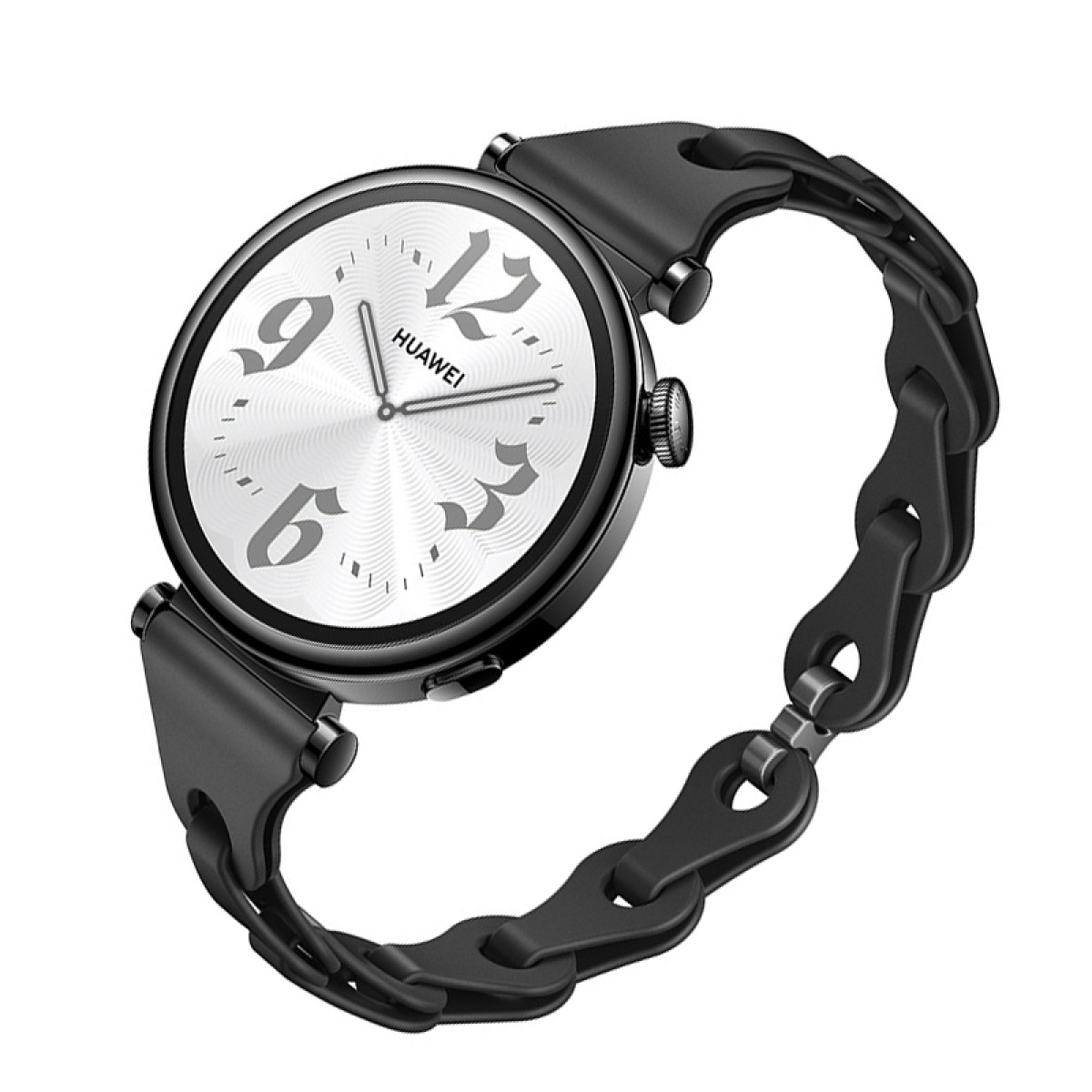 Czarny smartwatch Huawei z czarną bransoletą, białą tarczą, białym tłem.