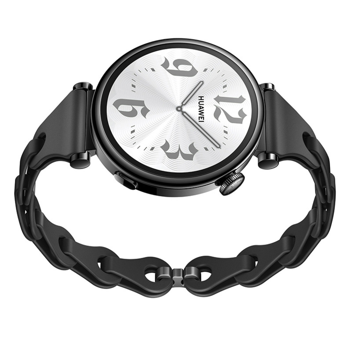 Czarny smartwatch Huawei ze srebrną tarczą. Zegarek ma czarny pasek.