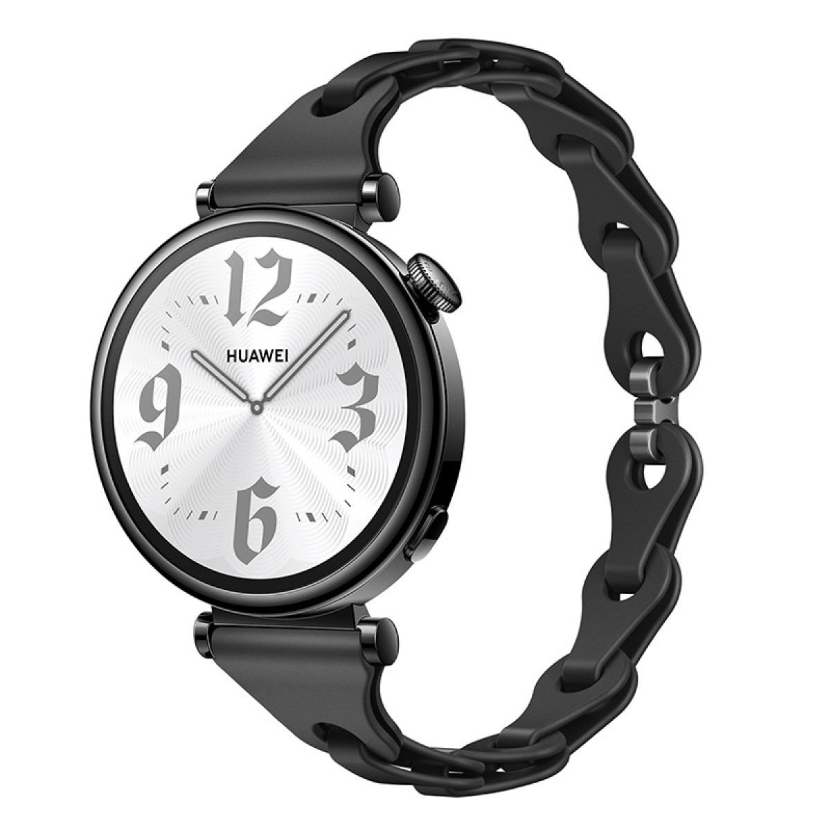 Czarny smartwatch z bransoletą, biała tarcza z cyframi.