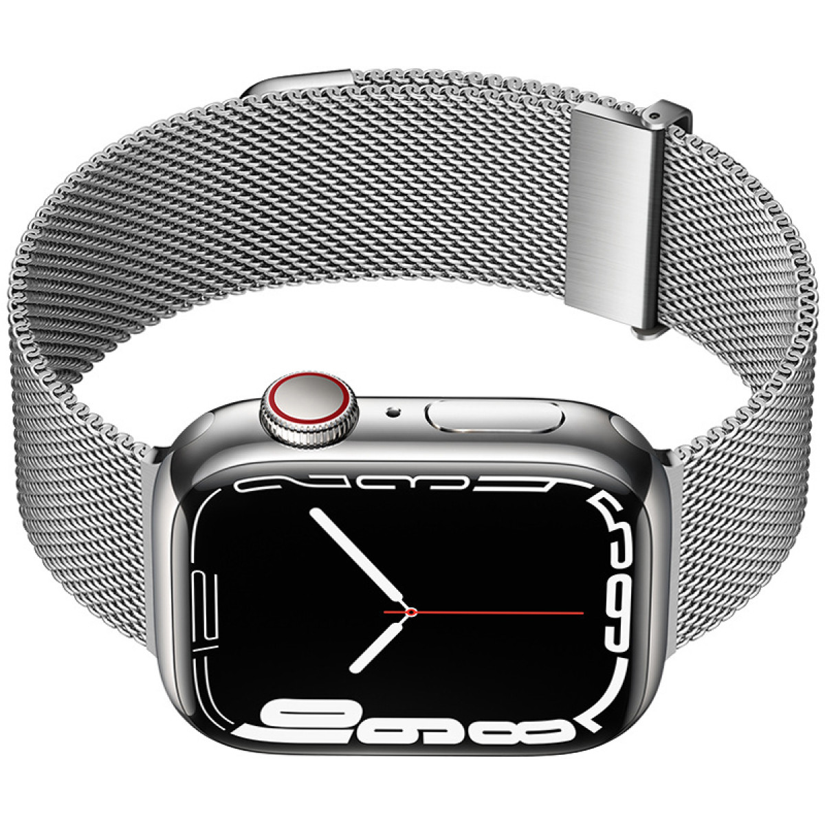 Silberne Smartwatch mit Metallmesh-Armband, zeigt die Uhrzeit 2:10, auf weißem Hintergrund.