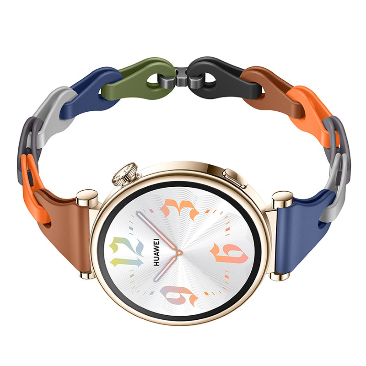 Złoty smartwatch z kolorowym paskiem.