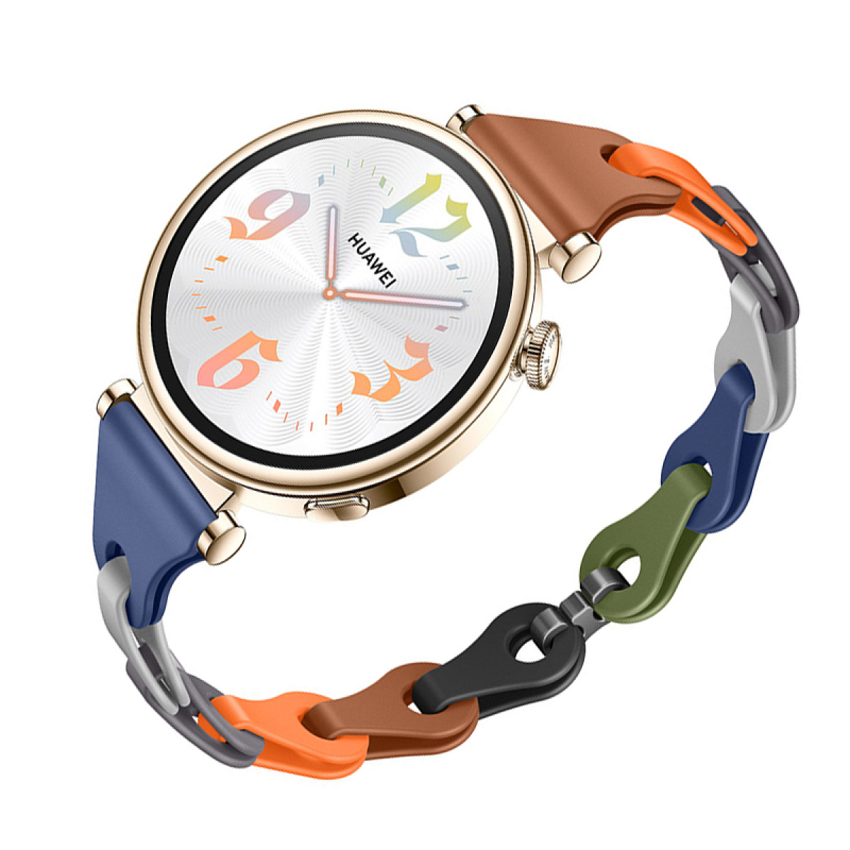 Złoty zegarek z kolorowym paskiem. Cyfry są żywe. Pasek ma niebieskie, brązowe, pomarańczowe, zielone i czarne segmenty.