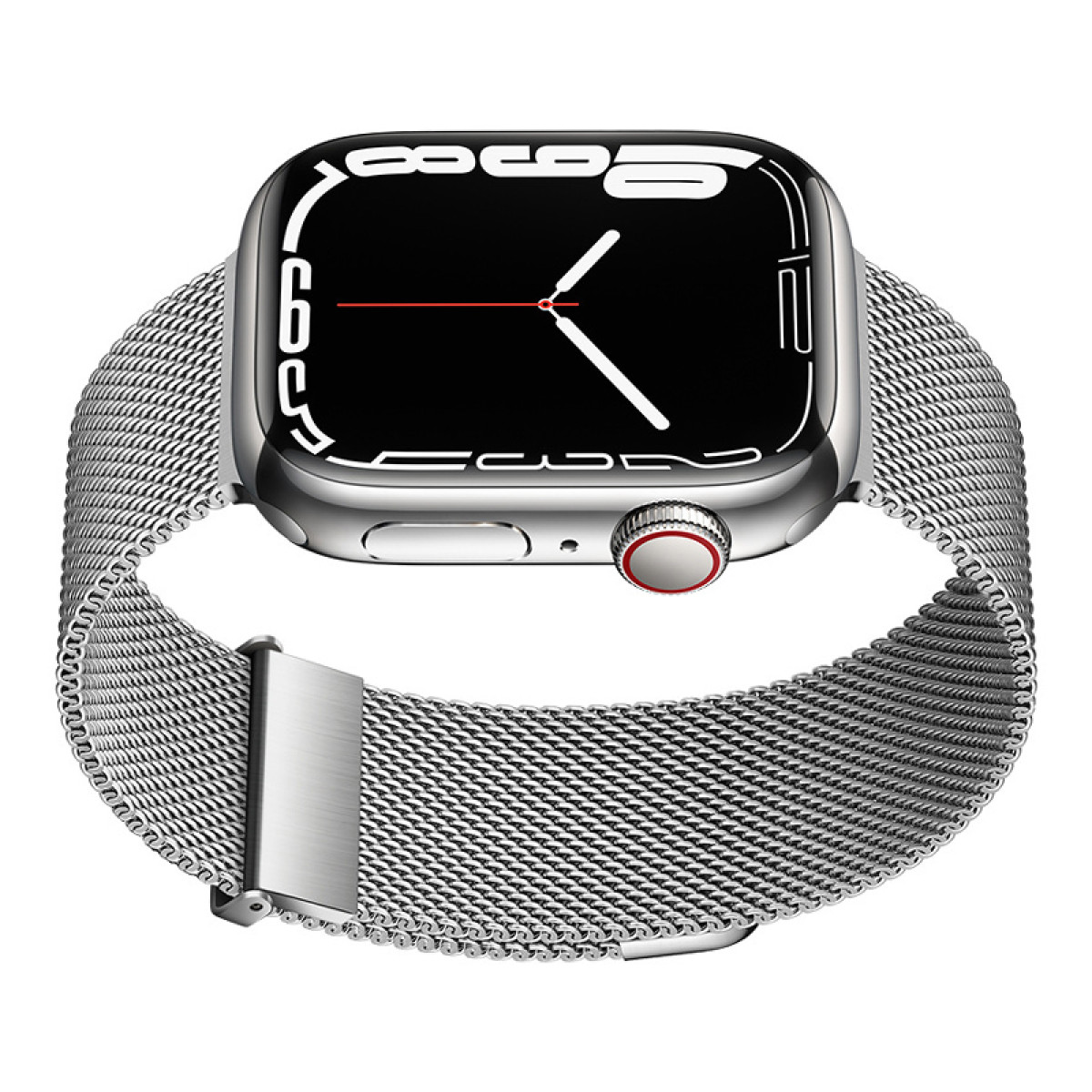 Silberne Smartwatch mit schwarzem Bildschirm, der die Zeit anzeigt, auf einem silbernen Mesh-Armband.