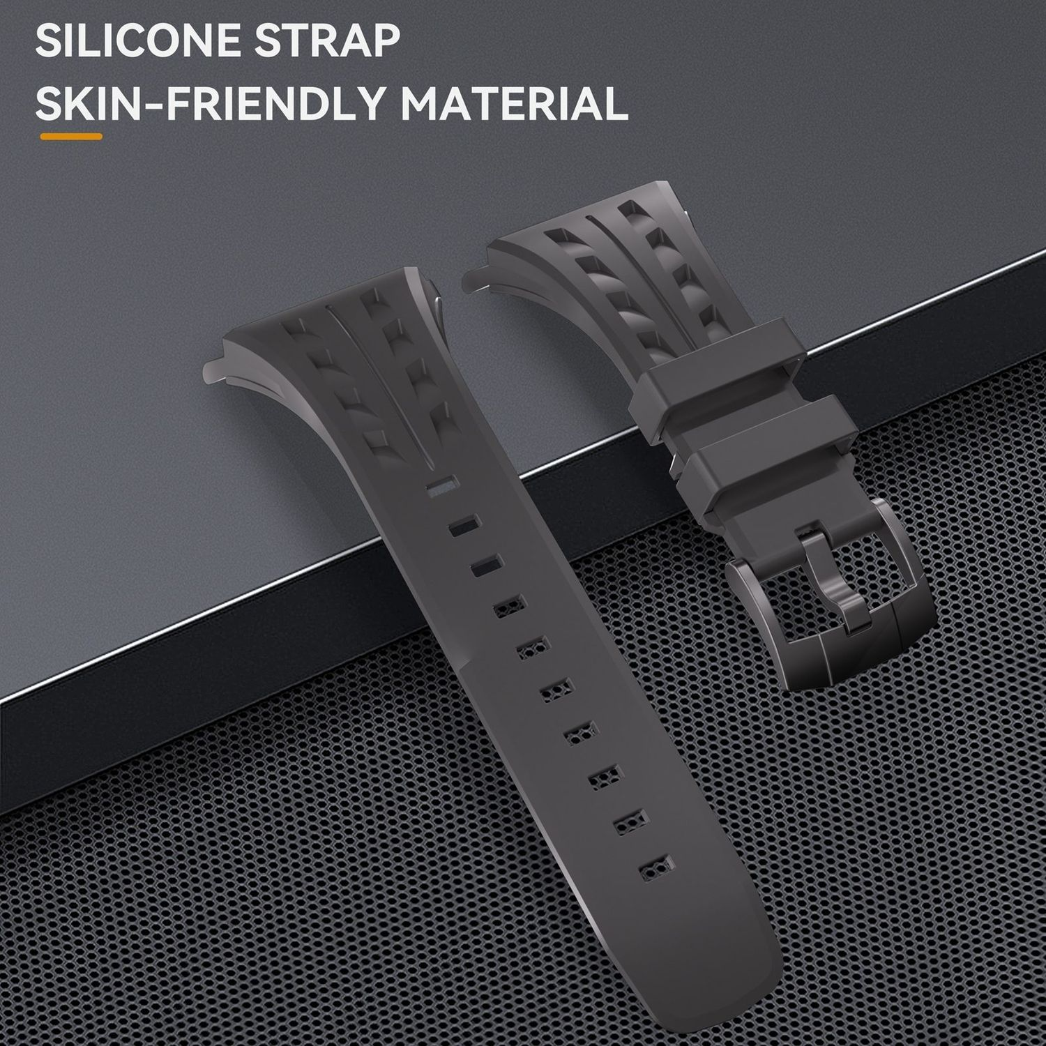 Dunkelgraue Silikon-Uhrenarmbänder, hautfreundliches Material, auf strukturierter Oberfläche.