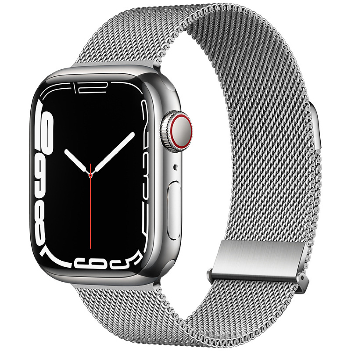 Silberne Uhr mit silbernem Armband. Die Uhr zeigt die Zeit auf dem Bildschirm. Weißer Hintergrund.