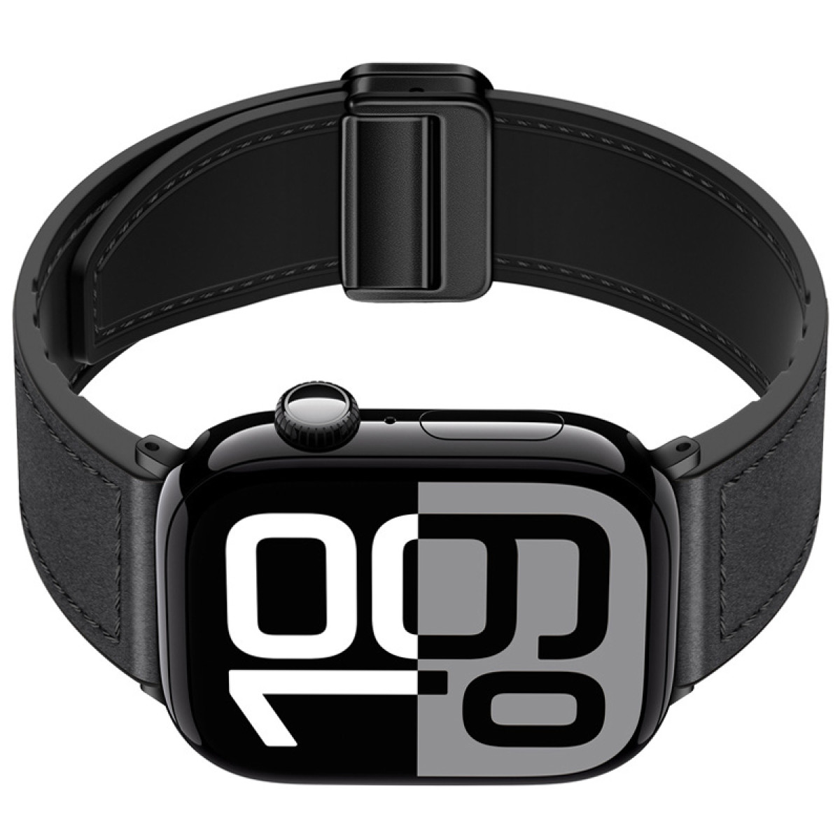 Schwarze Apple Watch mit schwarzem Lederarmband. Zifferblatt zeigt Zeit.