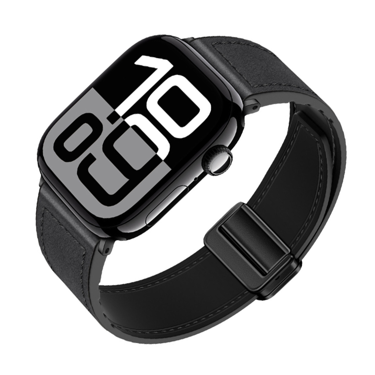 Schwarze Smartwatch mit schwarzem Lederarmband. Die Uhr zeigt die digitale Uhrzeit '09:00' an.