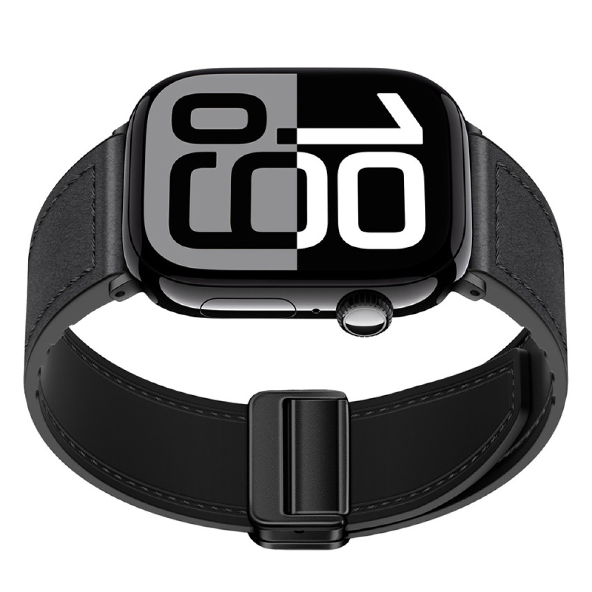 Eine schwarze Smartwatch mit schwarzem Lederarmband, die die Uhrzeit anzeigt. Weißer Hintergrund.