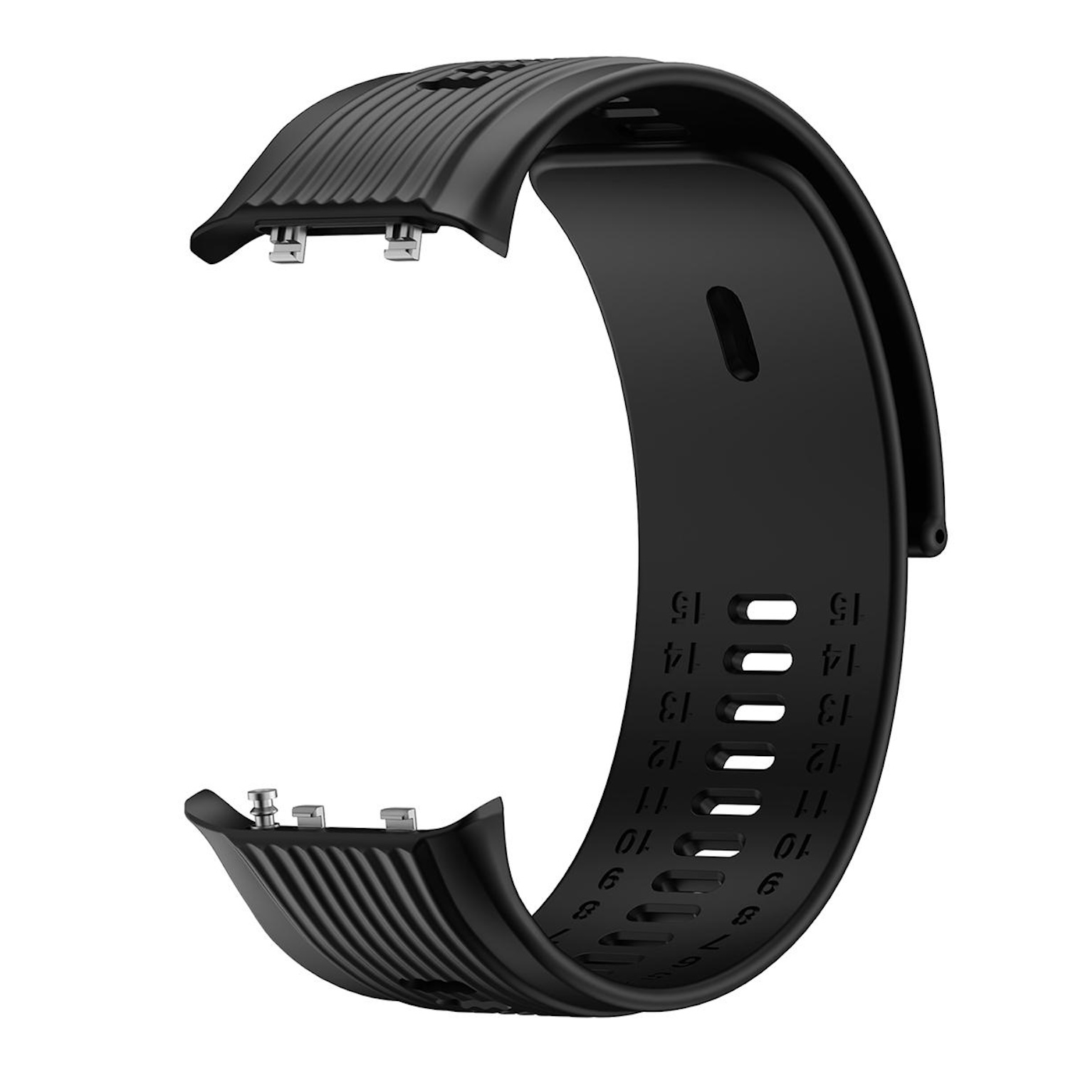 Schwarzes Uhrenarmband mit Löchern und Metallstiften zur Befestigung an einer Uhr.