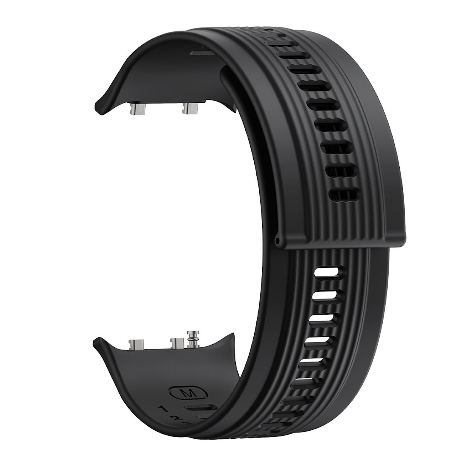 Ein schwarzes Uhrenarmband mit strukturiertem Design.