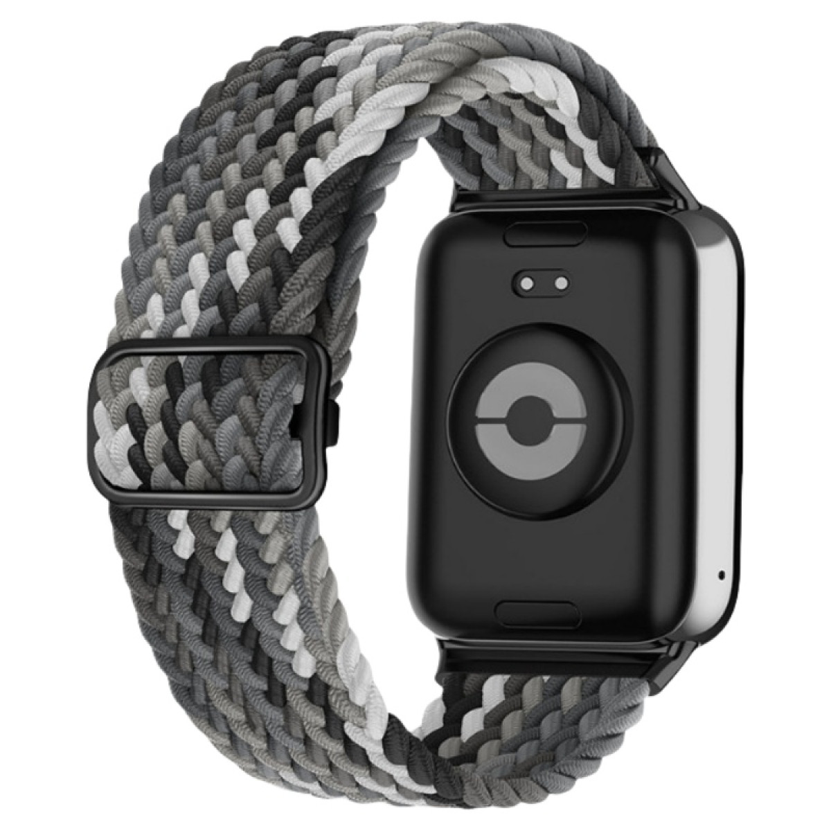 Uno smartwatch nero con cinturino intrecciato grigio e bianco. Il cinturino è attaccato.