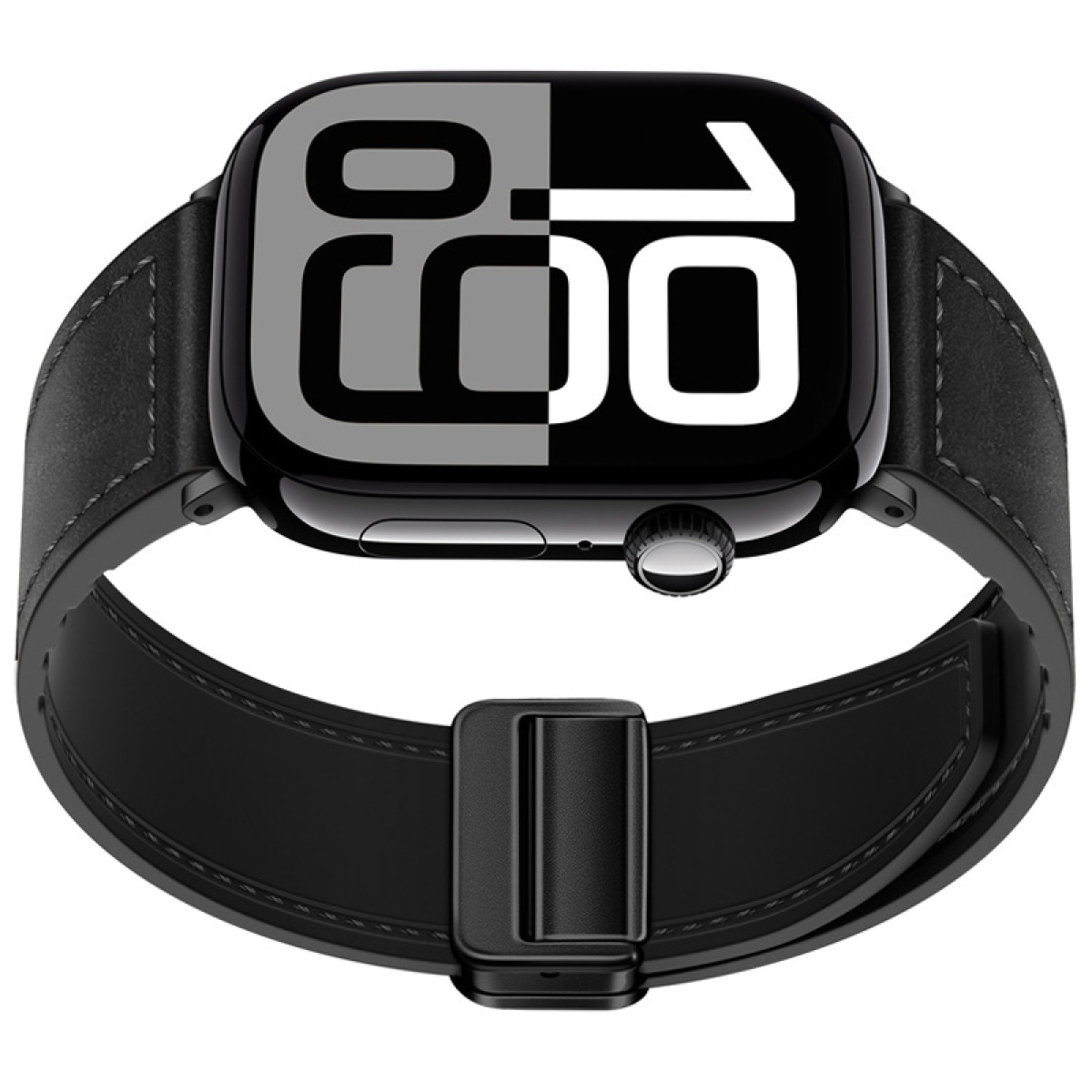 Eine schwarze Smartwatch mit schwarzem Armband, Nahaufnahme.