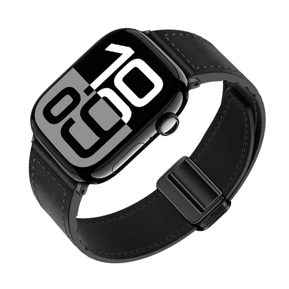 Eine schwarze Smartwatch mit schwarzem Lederarmband und schwarzer Schnalle.