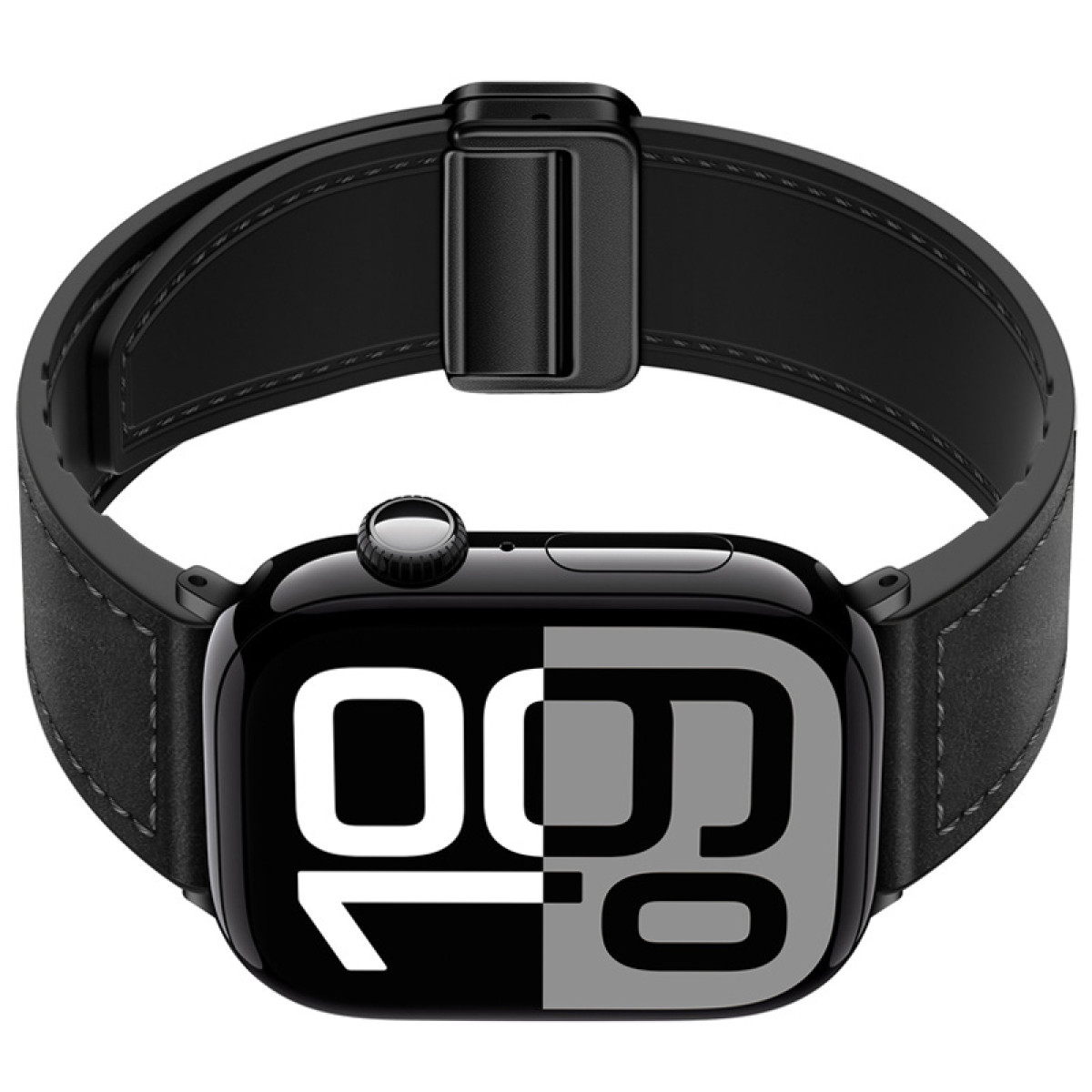 Schwarze Smartwatch mit schwarzem Lederarmband, das Display zeigt die Uhrzeit.