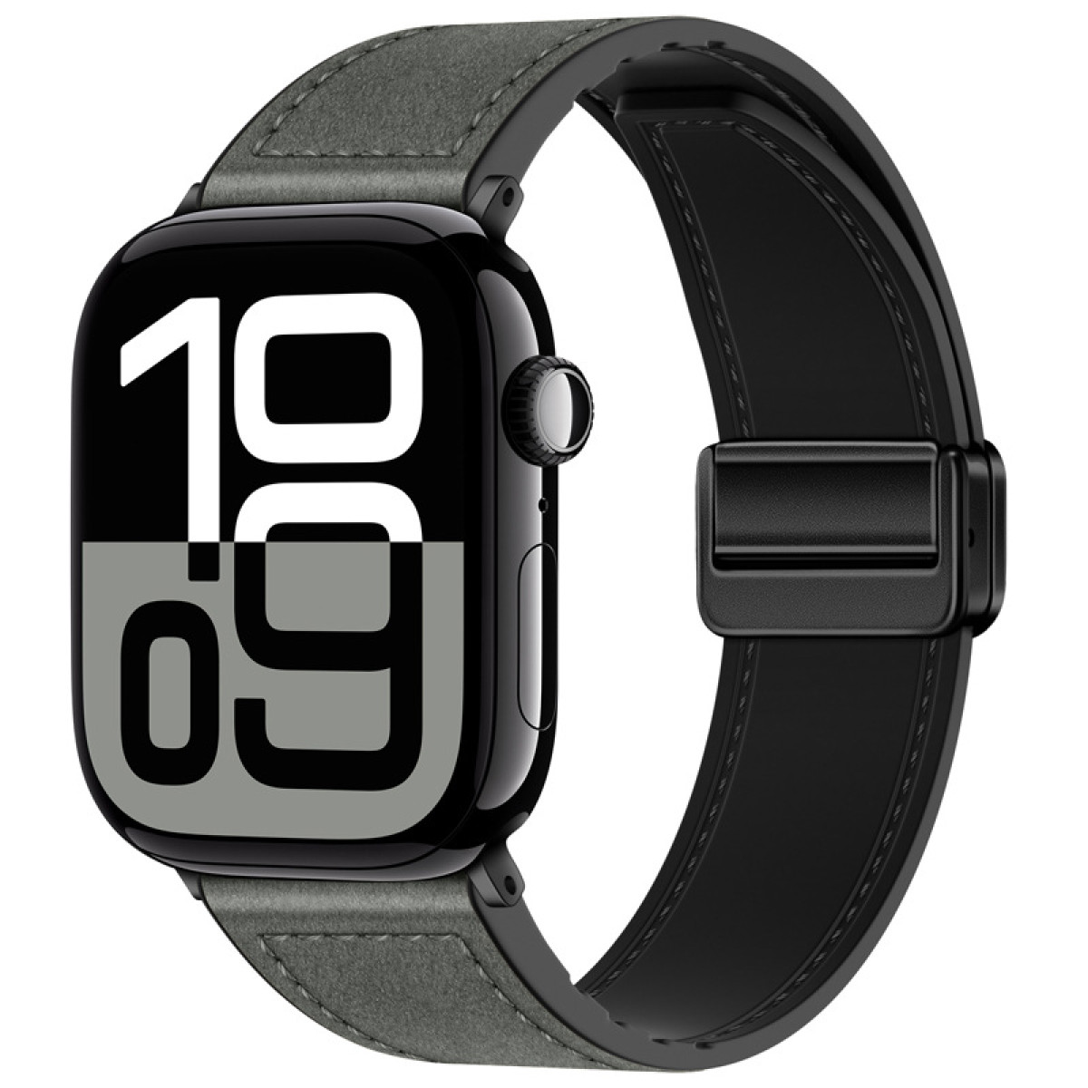 Schwarze Smartwatch mit grauem Armband, zeigt die Uhrzeit.