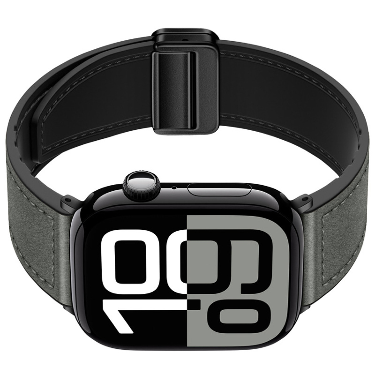 Schwarze Apple Watch mit grauem Armband, zeigt die Uhrzeit 09:10.