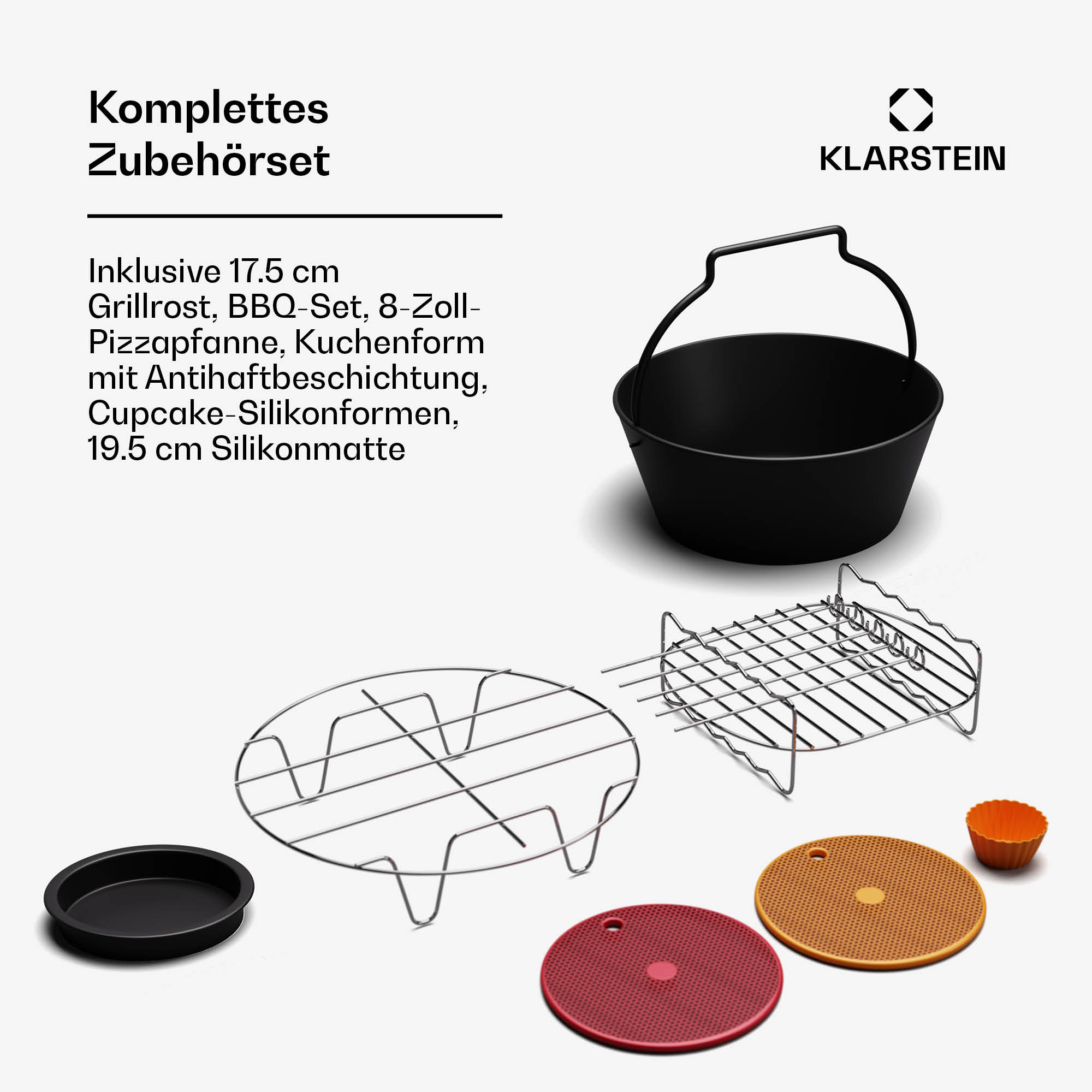 BBQ-Set mit Grill, Pfanne, Rost, Silikonmatten, Cupcake-Formen und Pizzapfanne. Alles schwarz.