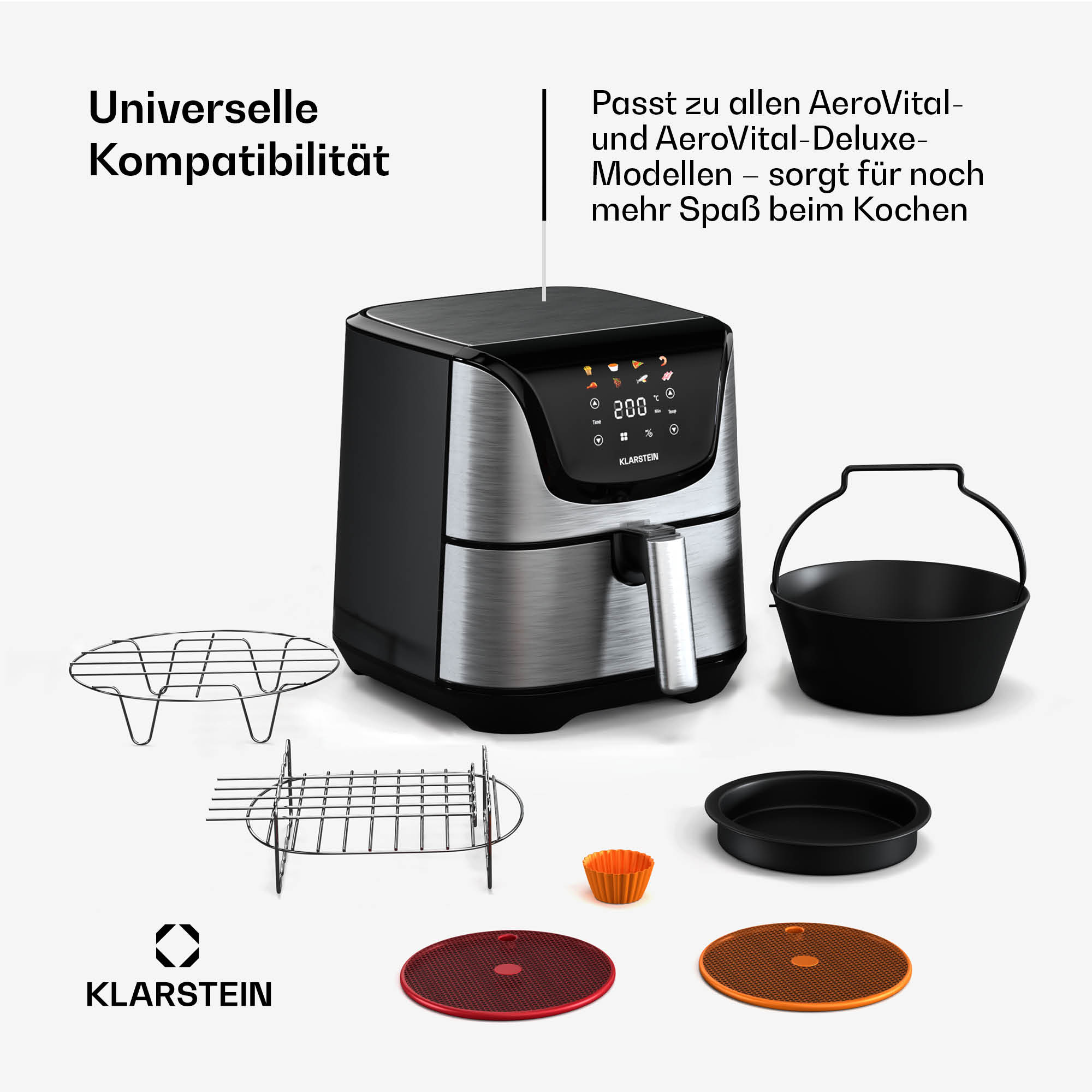 Eine Heißluftfritteuse mit Zubehör, Text auf Deutsch: Universelle Kompatibilität.