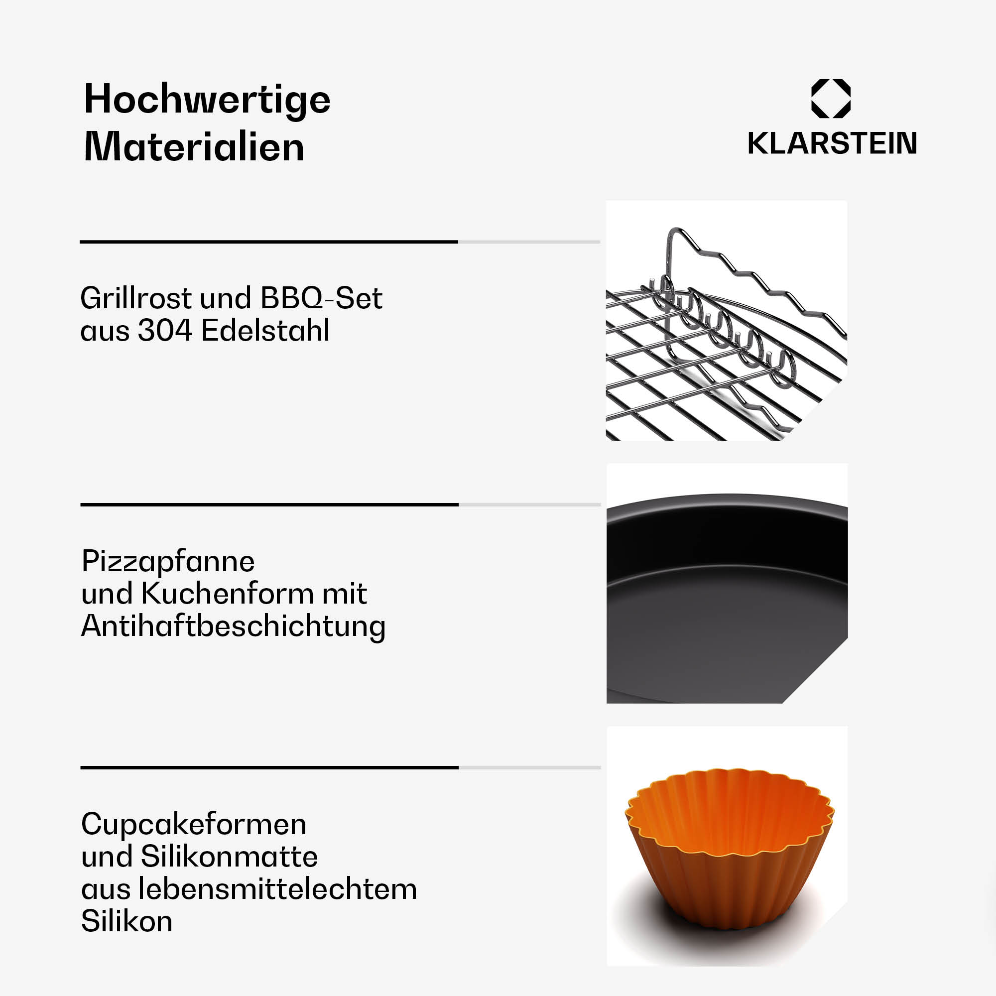 Bild von BBQ-Set-Komponenten. Grillrost, Pizzapfanne und Cupcake-Formen sind abgebildet.