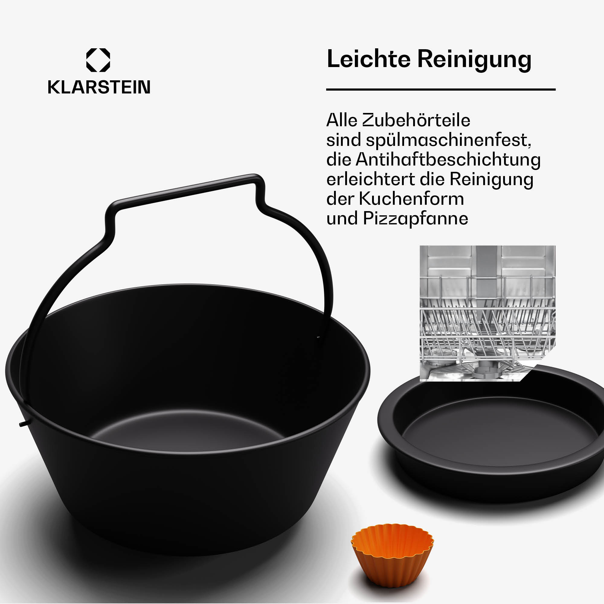 Schwarzer Kochtopf mit Griff, kleine Backform und orangefarbener Silikonbecher, auf weißem Hintergrund.