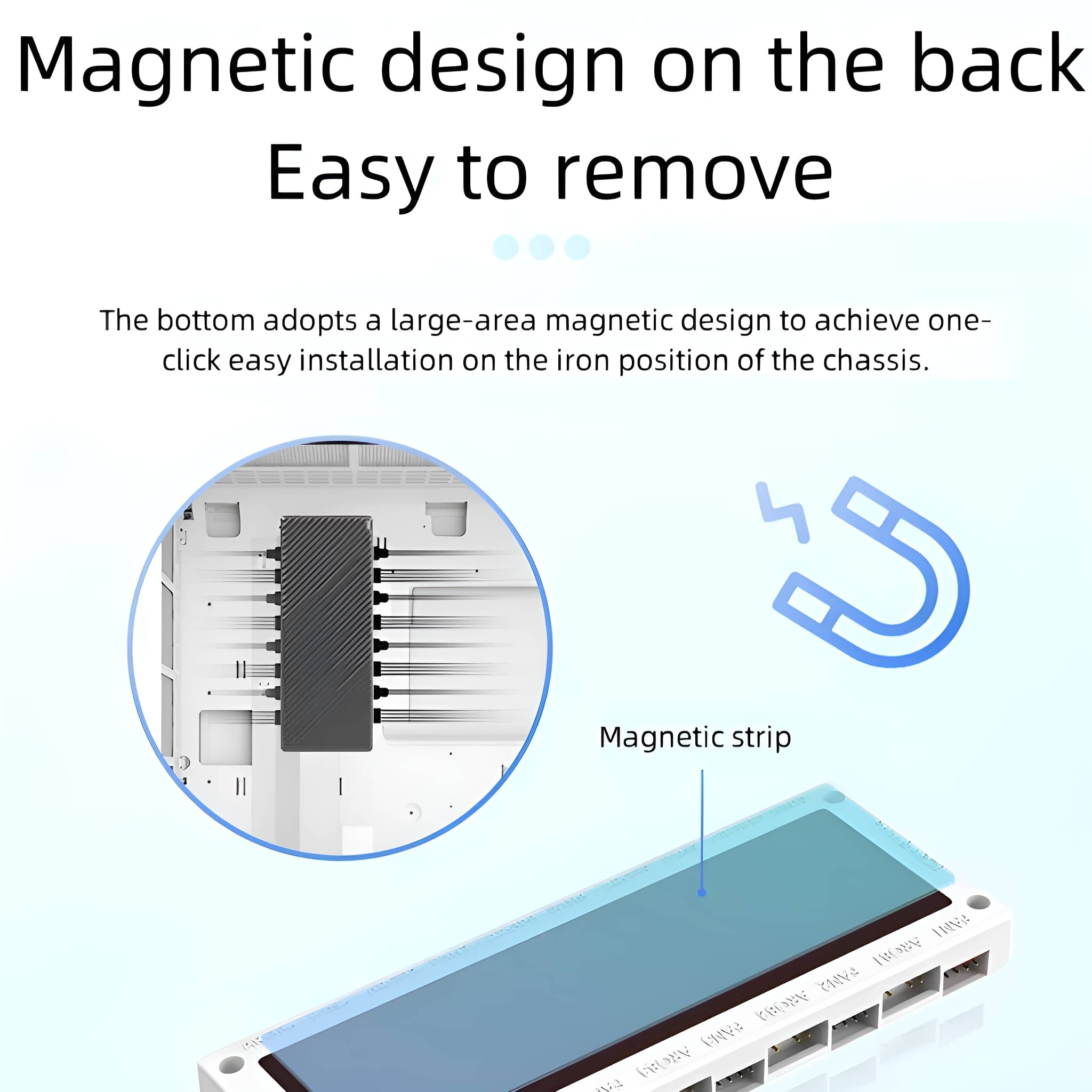 Diagramm mit einem Magnetstreifen auf einem Gerät, mit Text, der eine einfache Entfernung und Installation anzeigt.