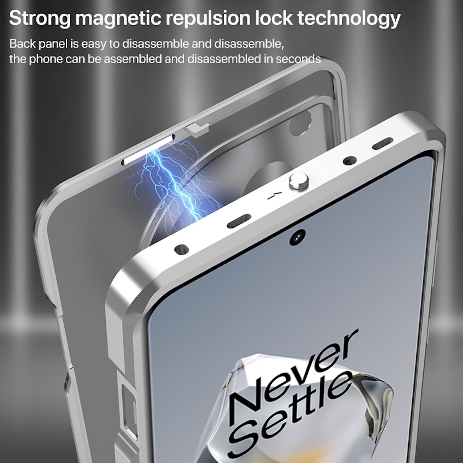 Telefon in silberner Hülle. Blaue Funken deuten auf magnetische Anziehungskraft hin. Der Bildschirm zeigt "Never Settle".