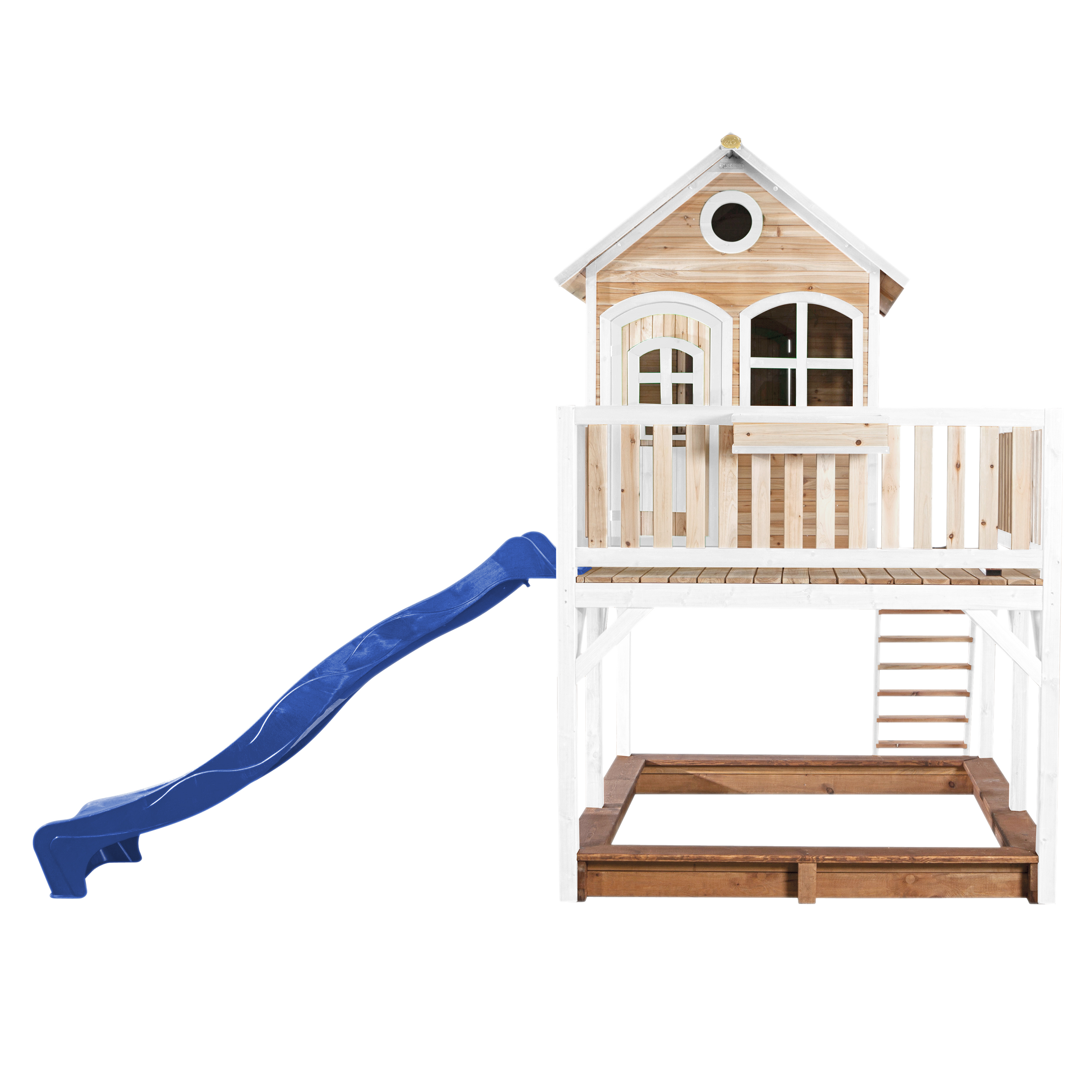 Spielhaus aus Holz mit blauer Rutsche und weißem Rahmen, auf weißem Hintergrund.