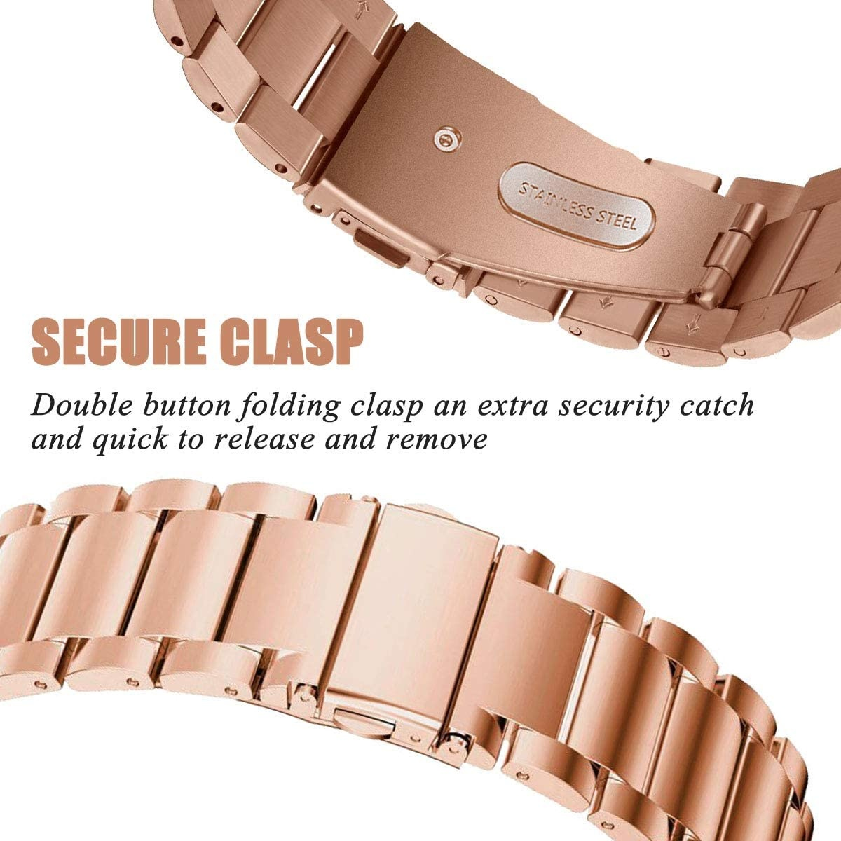 Nahaufnahme eines Uhrenarmbandverschlusses aus roségoldfarbenem Metall. Es steht "Edelstahl" darauf.