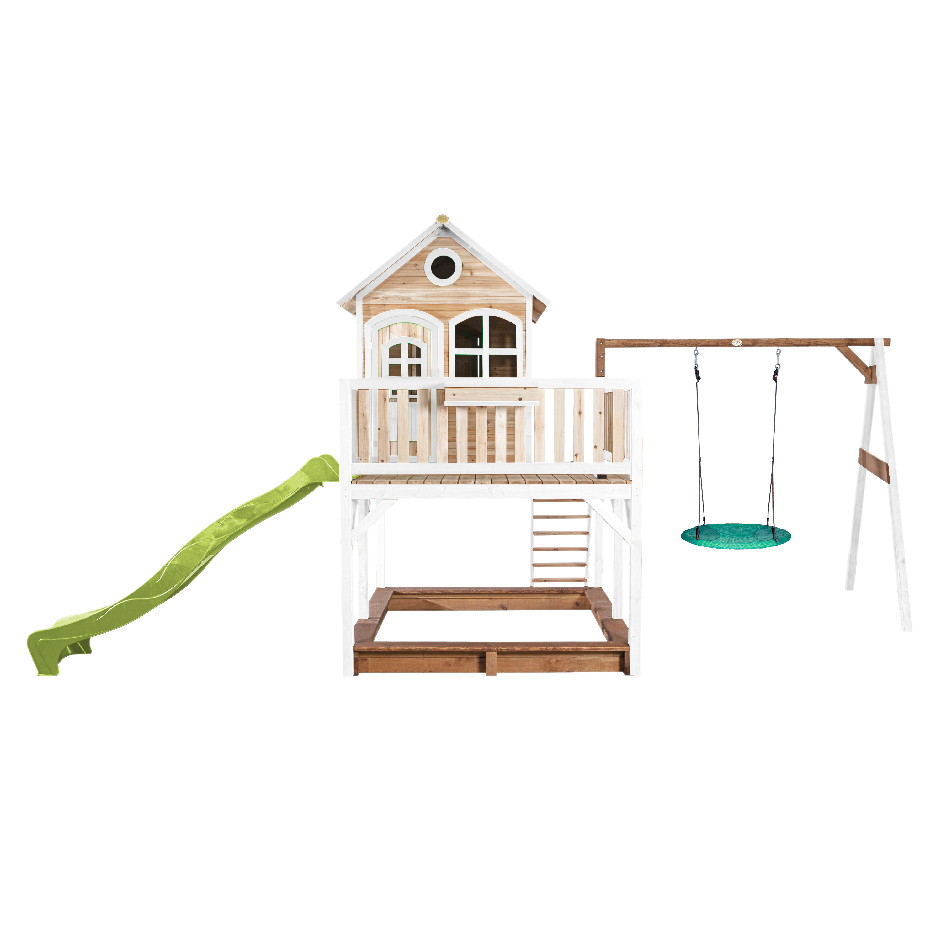 Ein hölzernes Spielset mit Rutsche, Sandkasten, Schaukel und kleinem Haus.