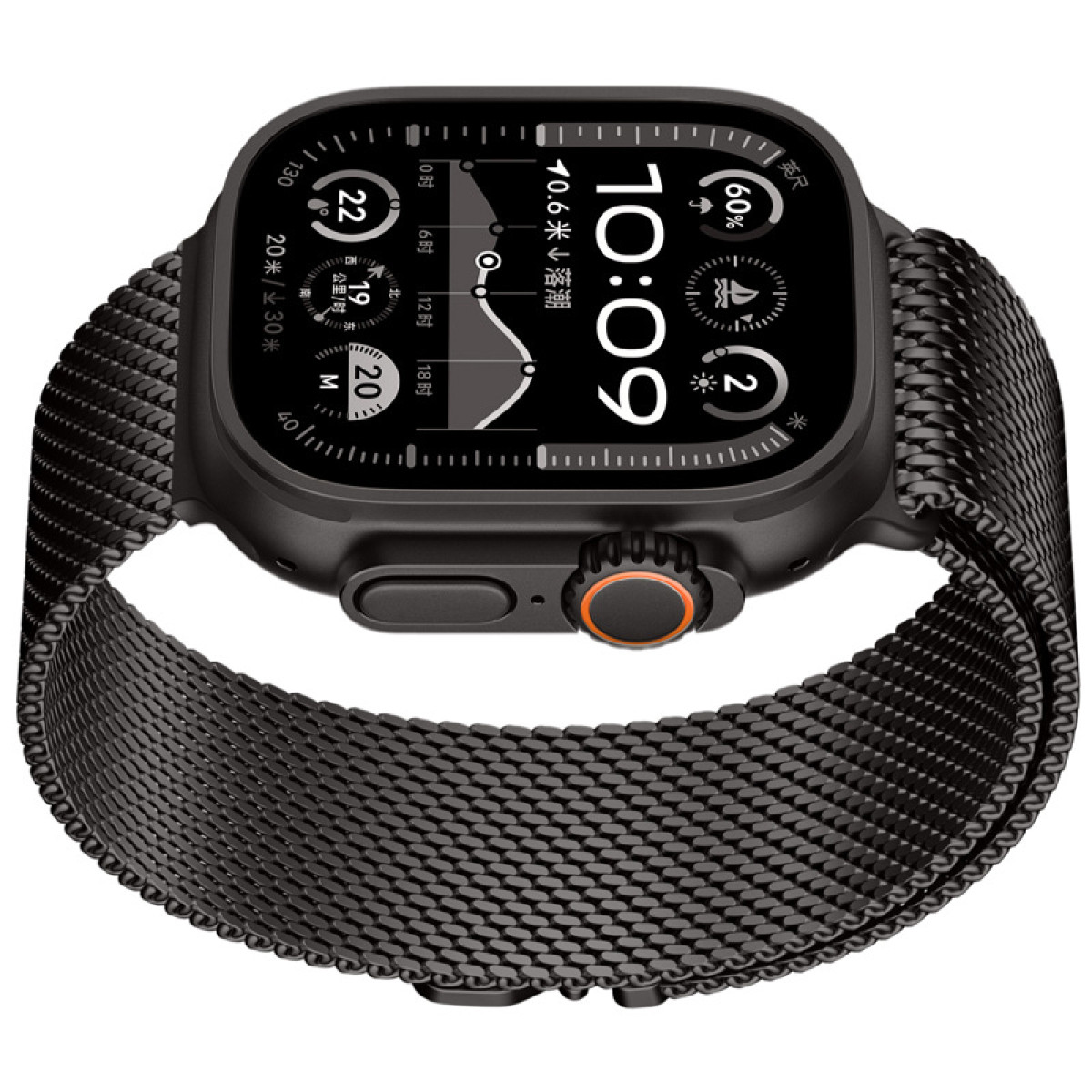 Schwarze Smartwatch mit Mesh-Band, zeigt Zeit und verschiedene Daten auf dem Bildschirm.