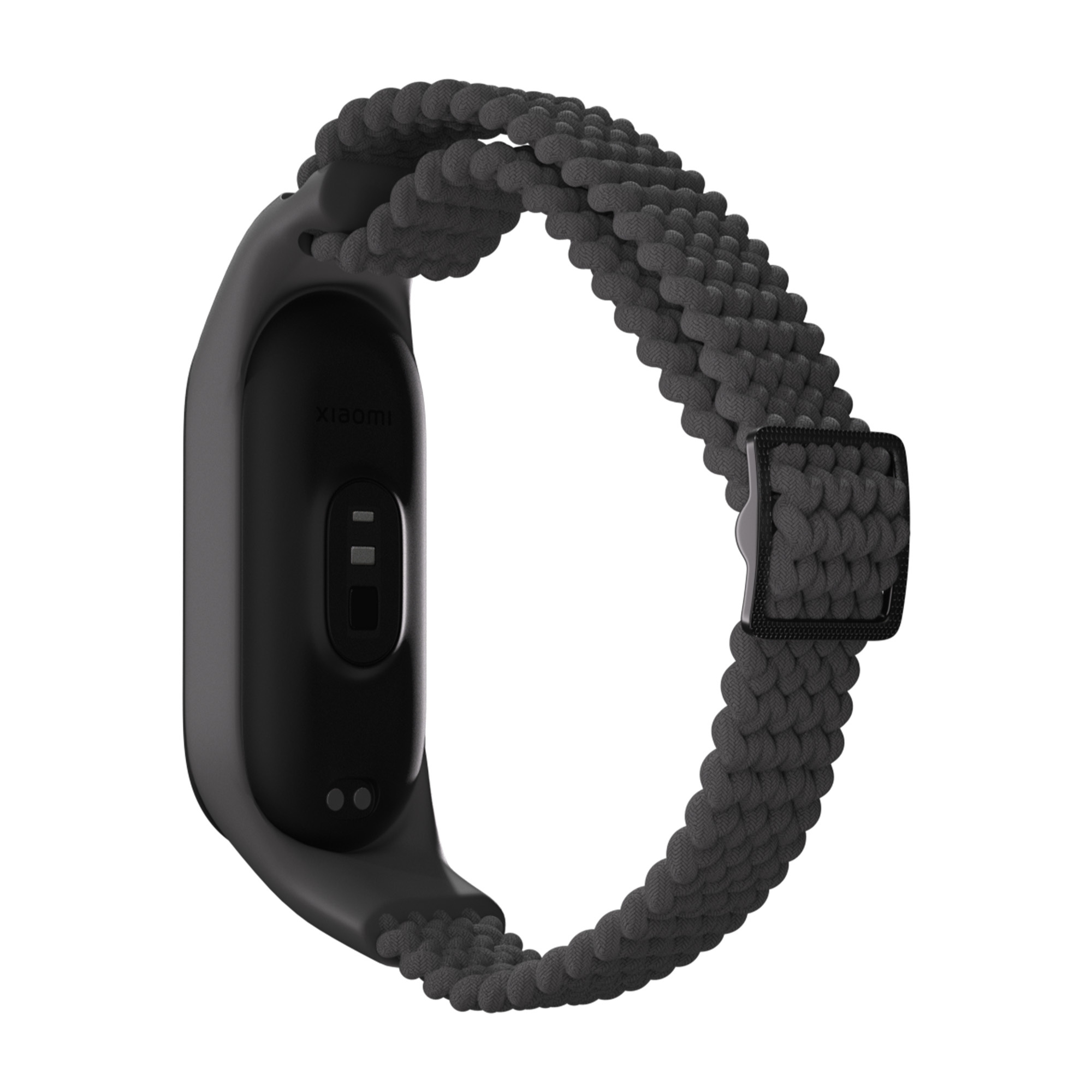 Rückseite eines Mi Band mit grauem geflochtenem Armband. Zeigt die Ladepunkte und das Mi-Logo.