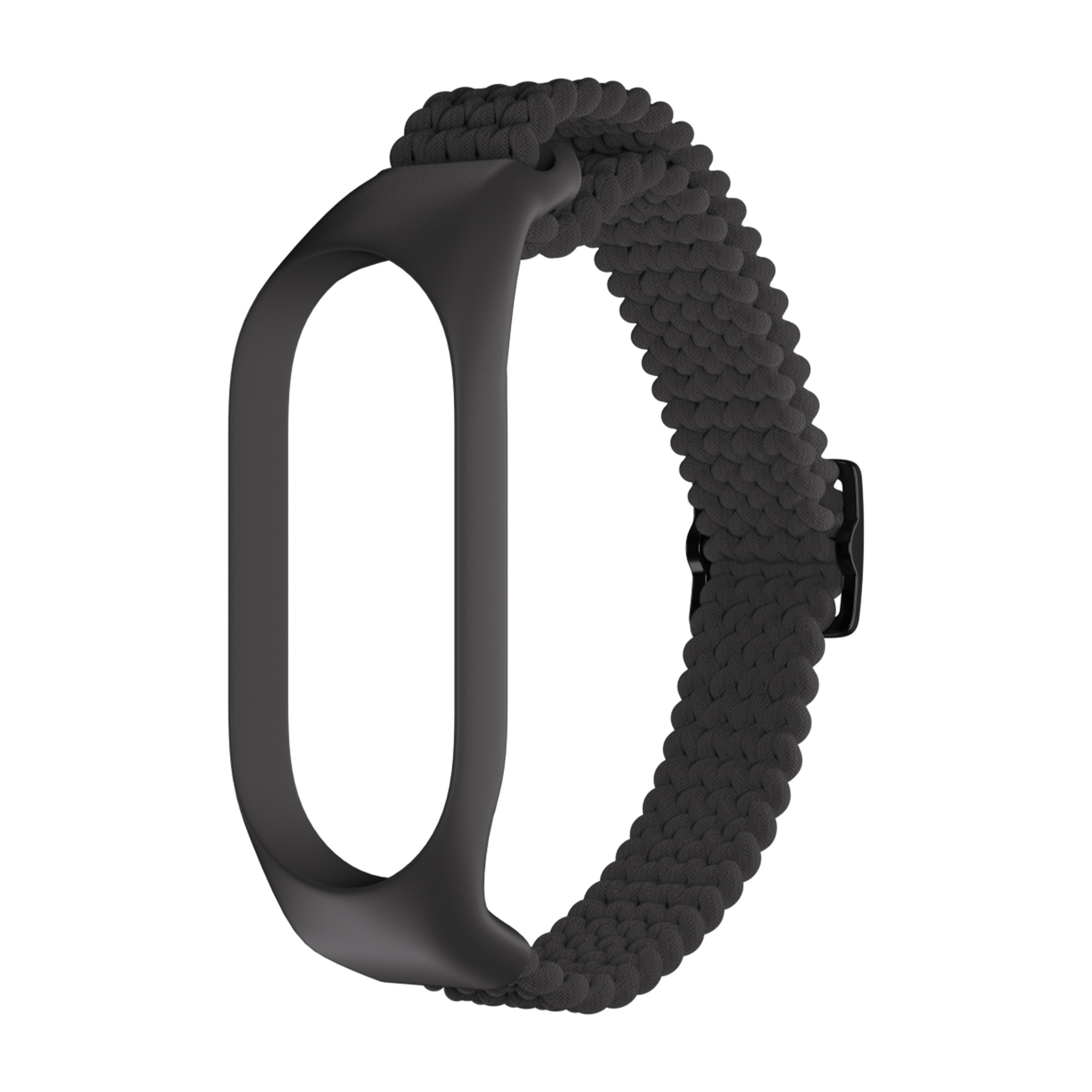 Graues geflochtenes Uhrenarmband mit schwarzem Mi Band-Rahmen, Seitenansicht.