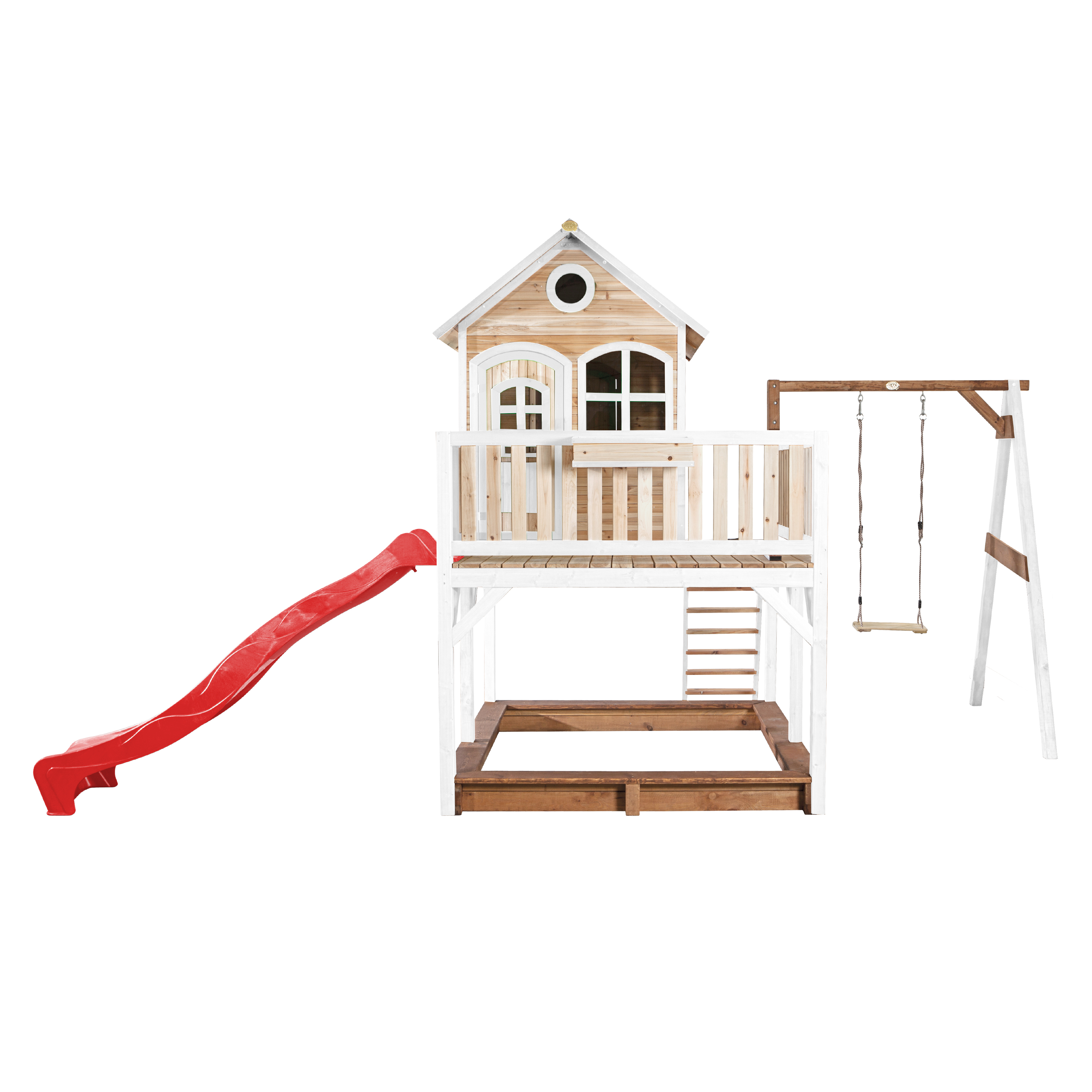 Spielplatz aus Holz mit Haus, Rutsche, Schaukel und Sandkasten. Weißes und braunes Farbschema.