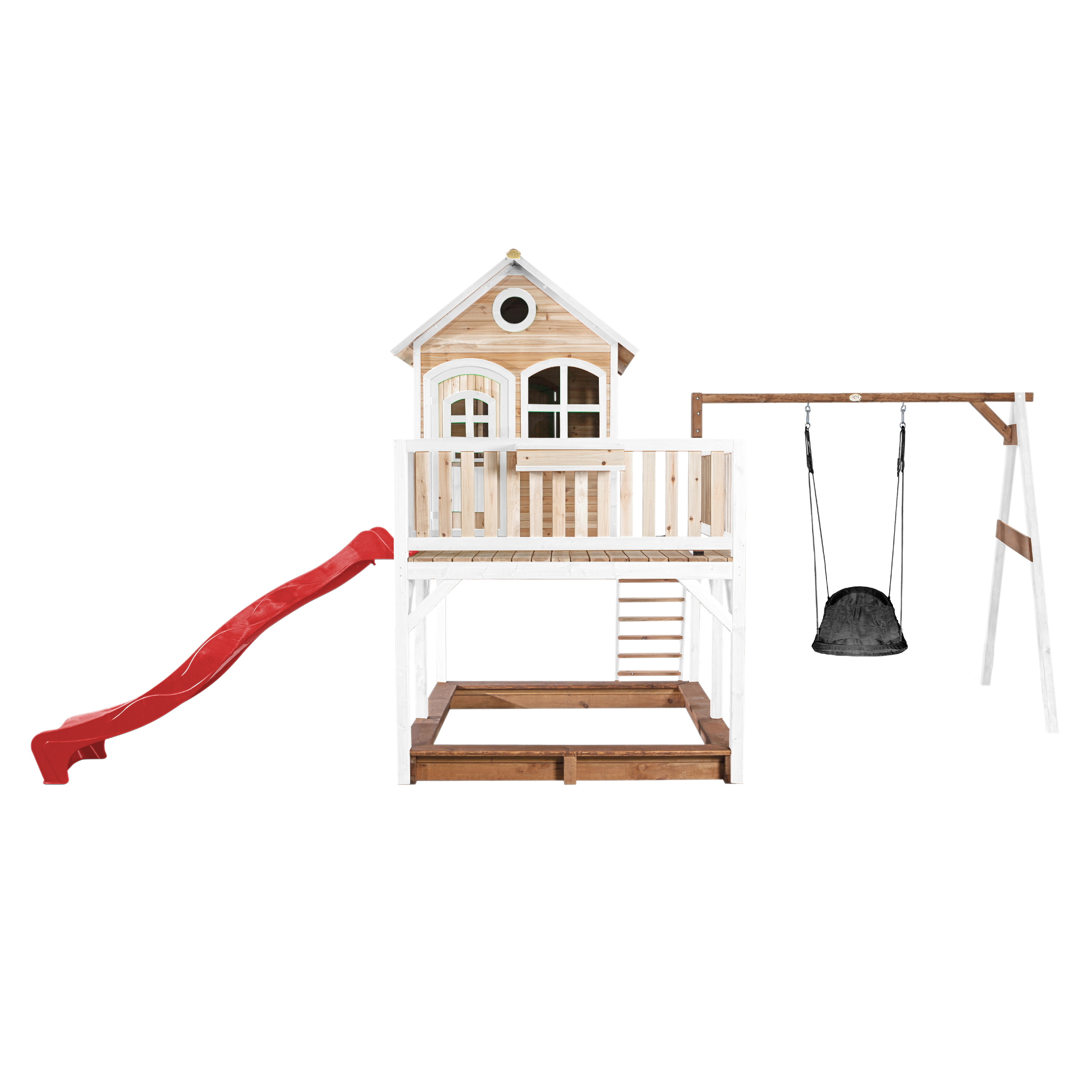 Ein hölzernes Spielset mit Rutsche, Schaukeln und einem Sandkastenbereich. Es hat eine Hausstruktur und eine Holzschaukel.