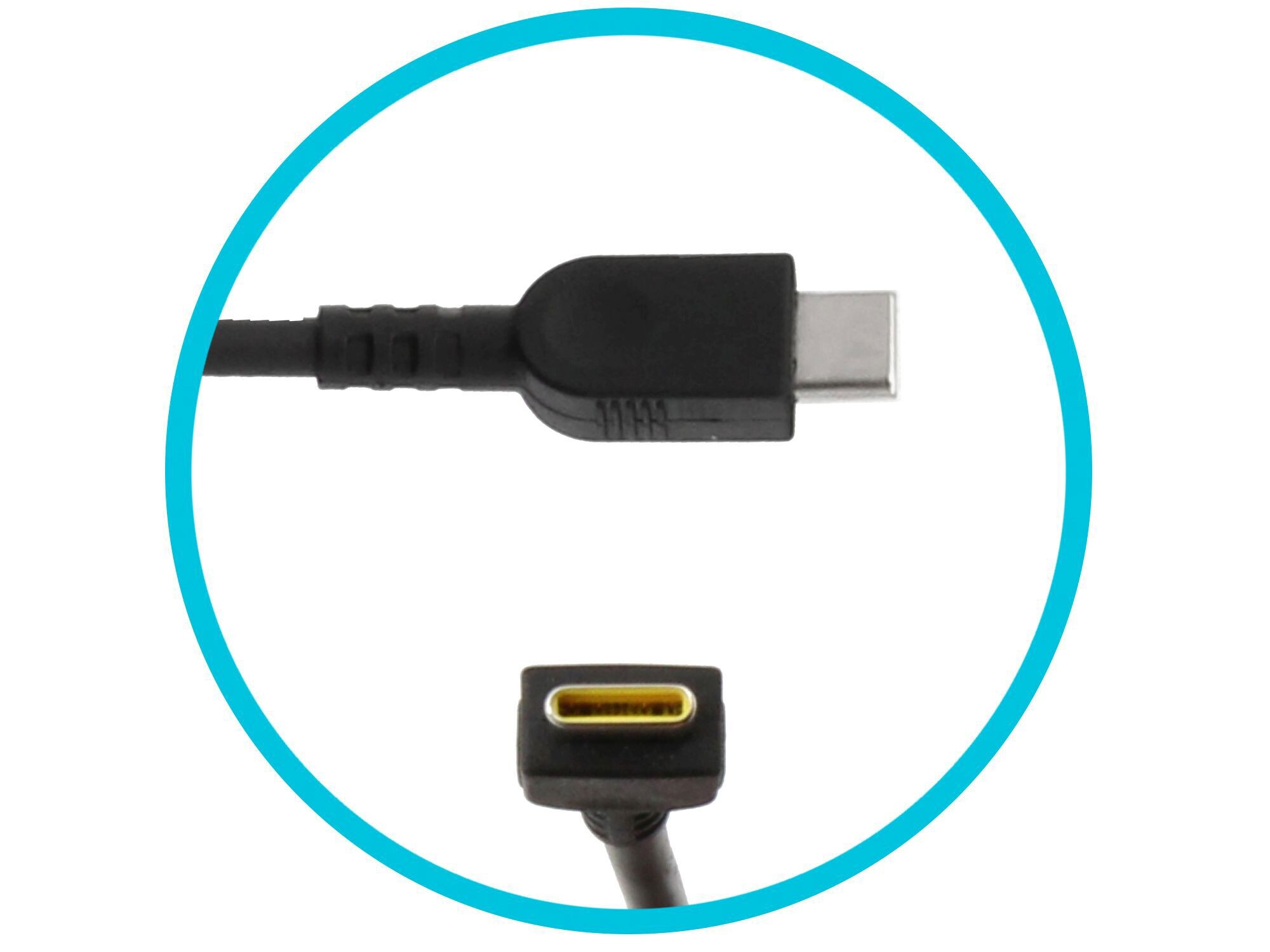 Nahaufnahme eines schwarzen USB-C-Kabels und -Anschlusses sowie eines zweiten Anschlusses.