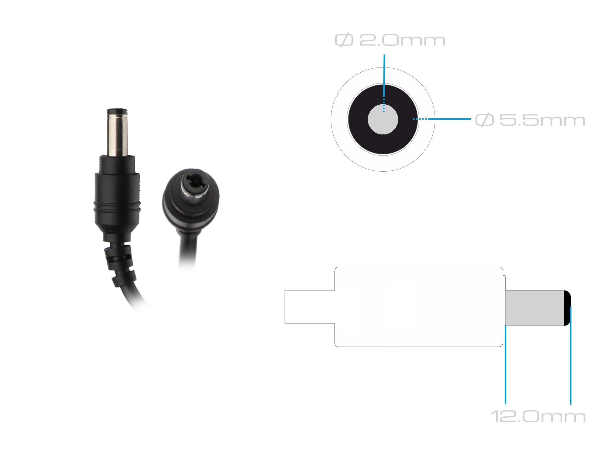 Diagramm mit zwei schwarzen Ladegerätsteckern und ihren Abmessungen auf weißem Hintergrund. Die Abmessungen sind in mm.
