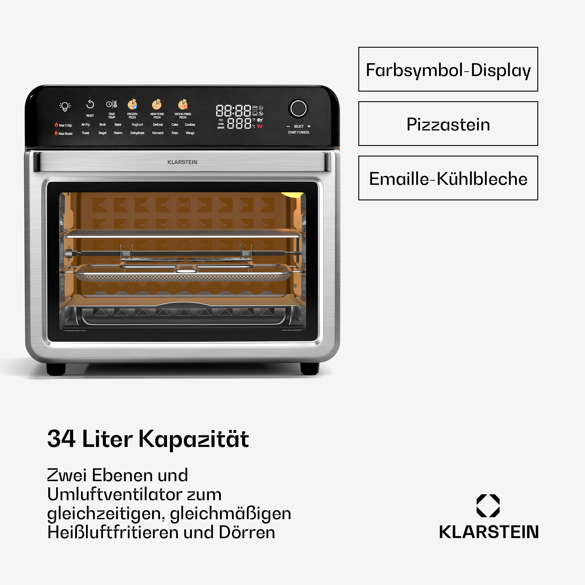 Un horno plateado con pantalla digital. El texto incluye '34 Liter Kapazität' y 'KLARSTEIN'.