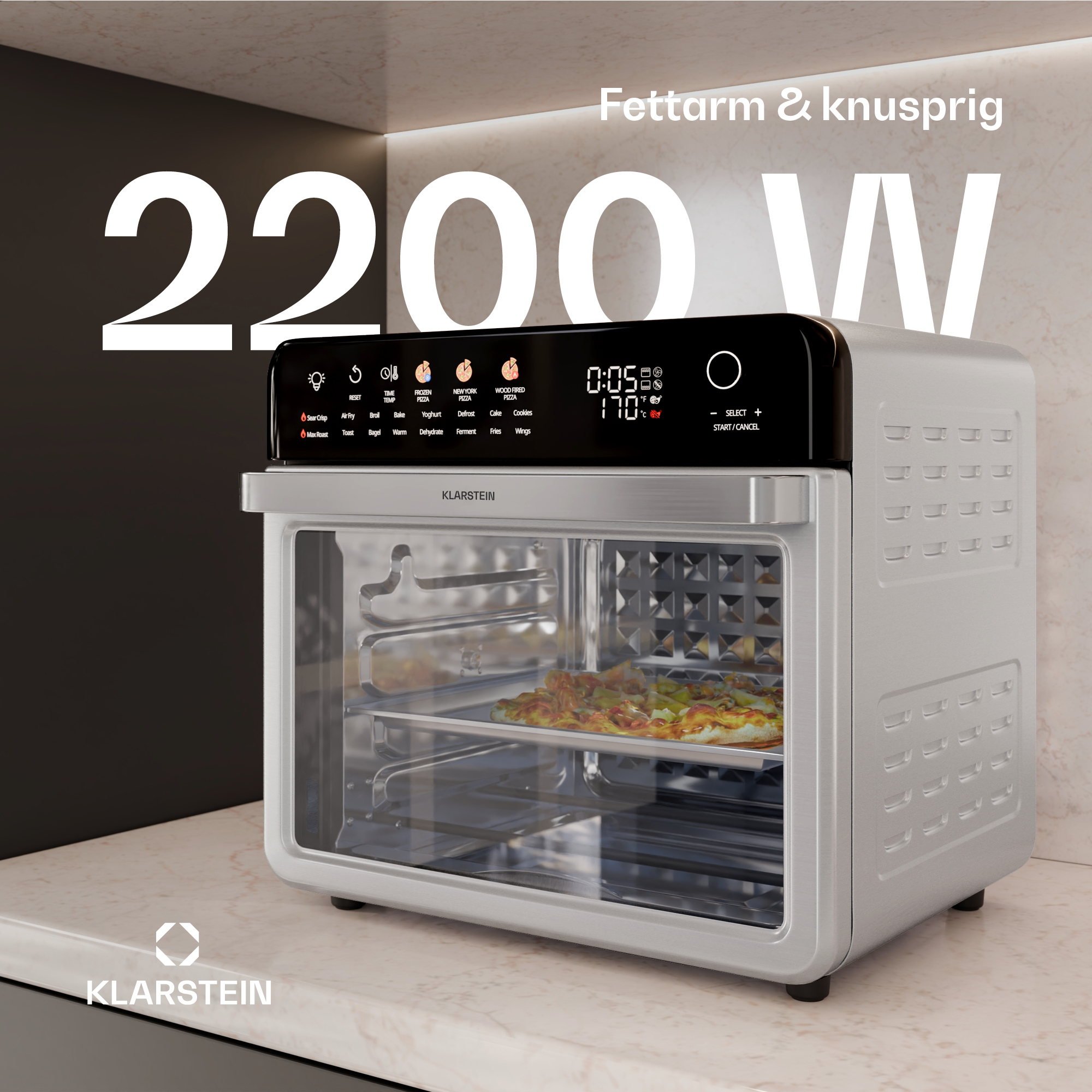 Horno plateado y negro con pantalla digital y pizza dentro. Texto superior: 2200 W.