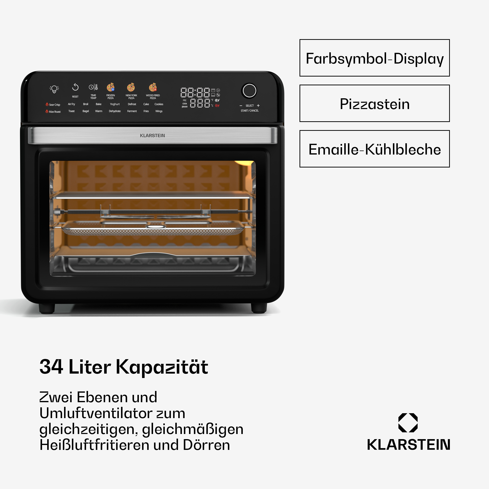 Horno negro con pantalla digital y botones. Tiene el logo de Klarstein. El horno está abierto.