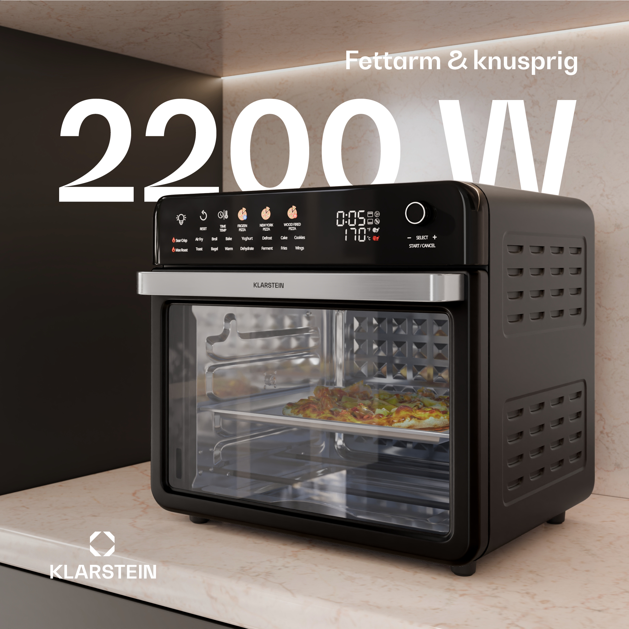 Freidora de aire negra con pantalla digital y pizza dentro. Fondo blanco, ambiente de cocina.
