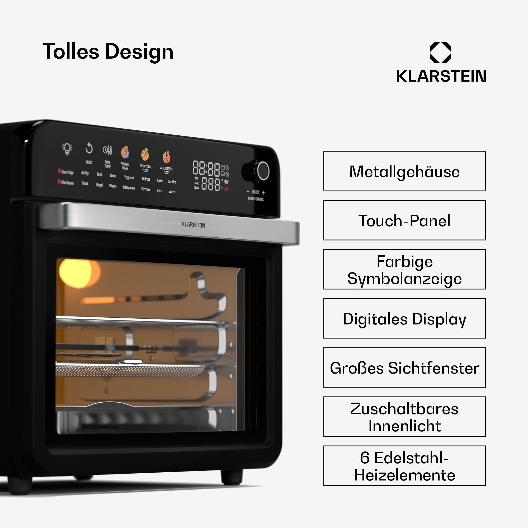 Horno negro con pantalla digital y puerta transparente. Textos en alemán.