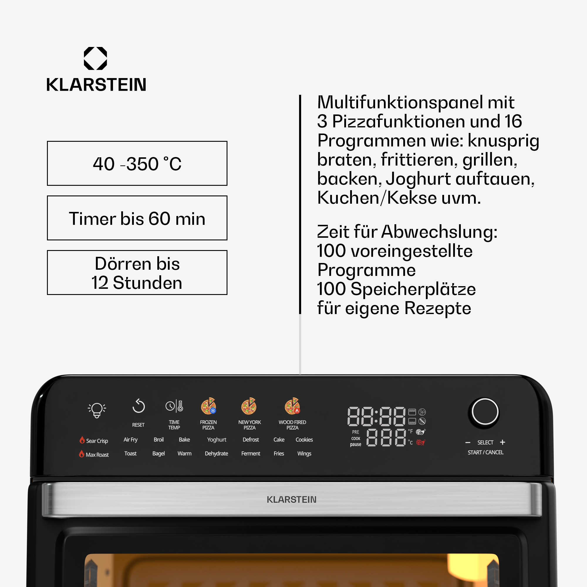 Un horno negro con panel de control y texto. Tiene una pantalla.