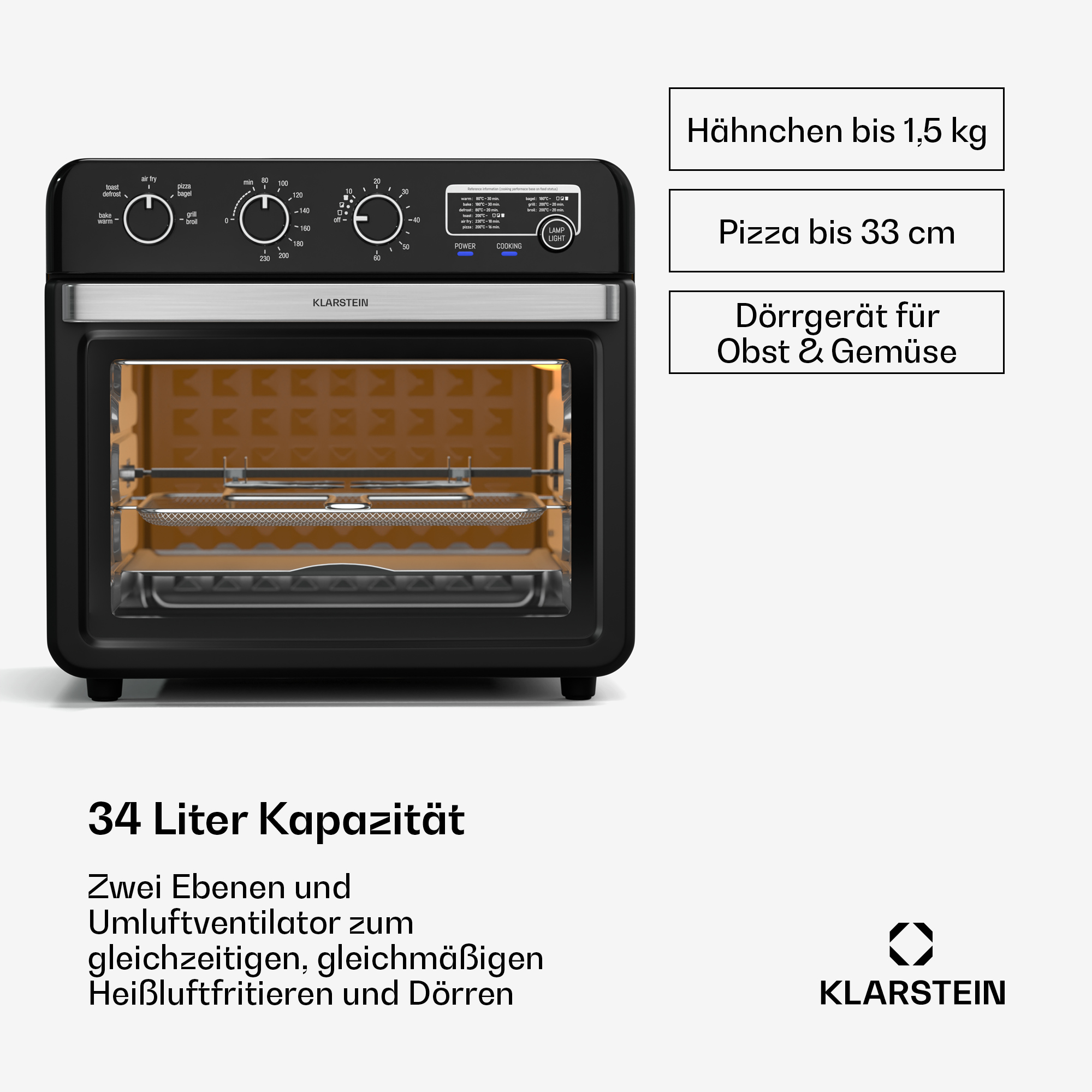 Forno friggitrice ad aria nero con pannello di controllo e testo. Contiene un elemento riscaldante interno.