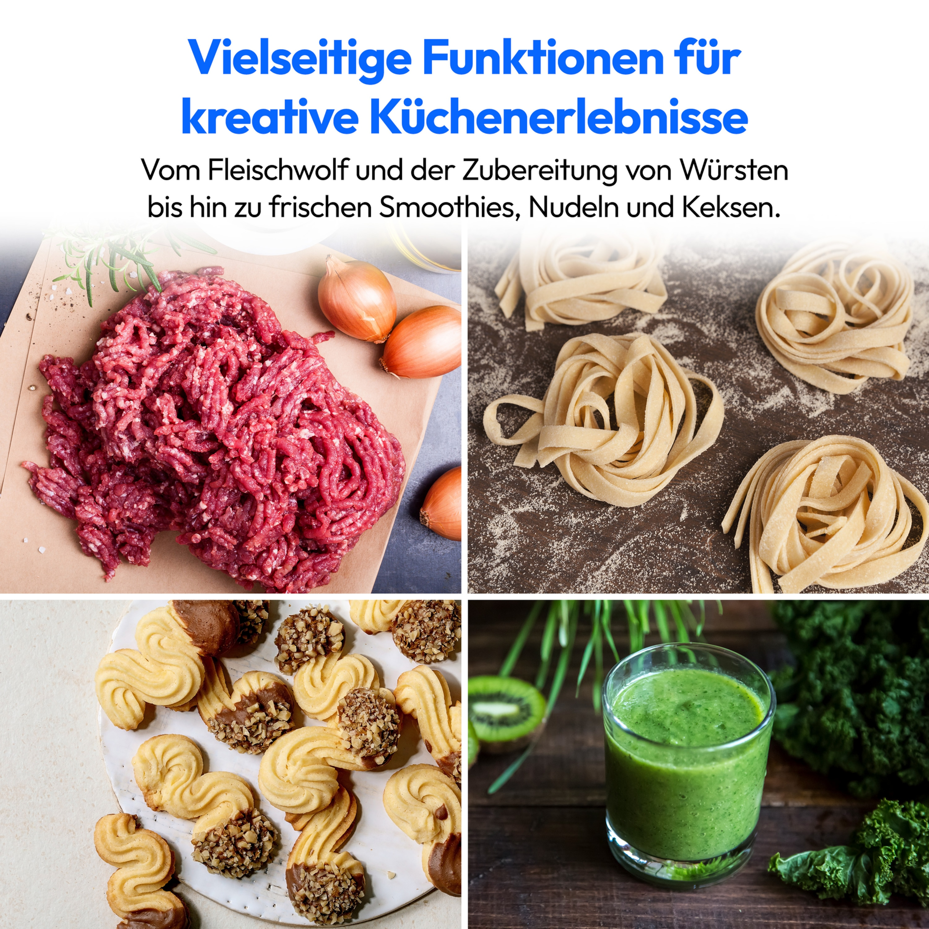 Cuatro imágenes que muestran ingredientes y alimentos preparados: carne, fideos, galletas, batido verde.