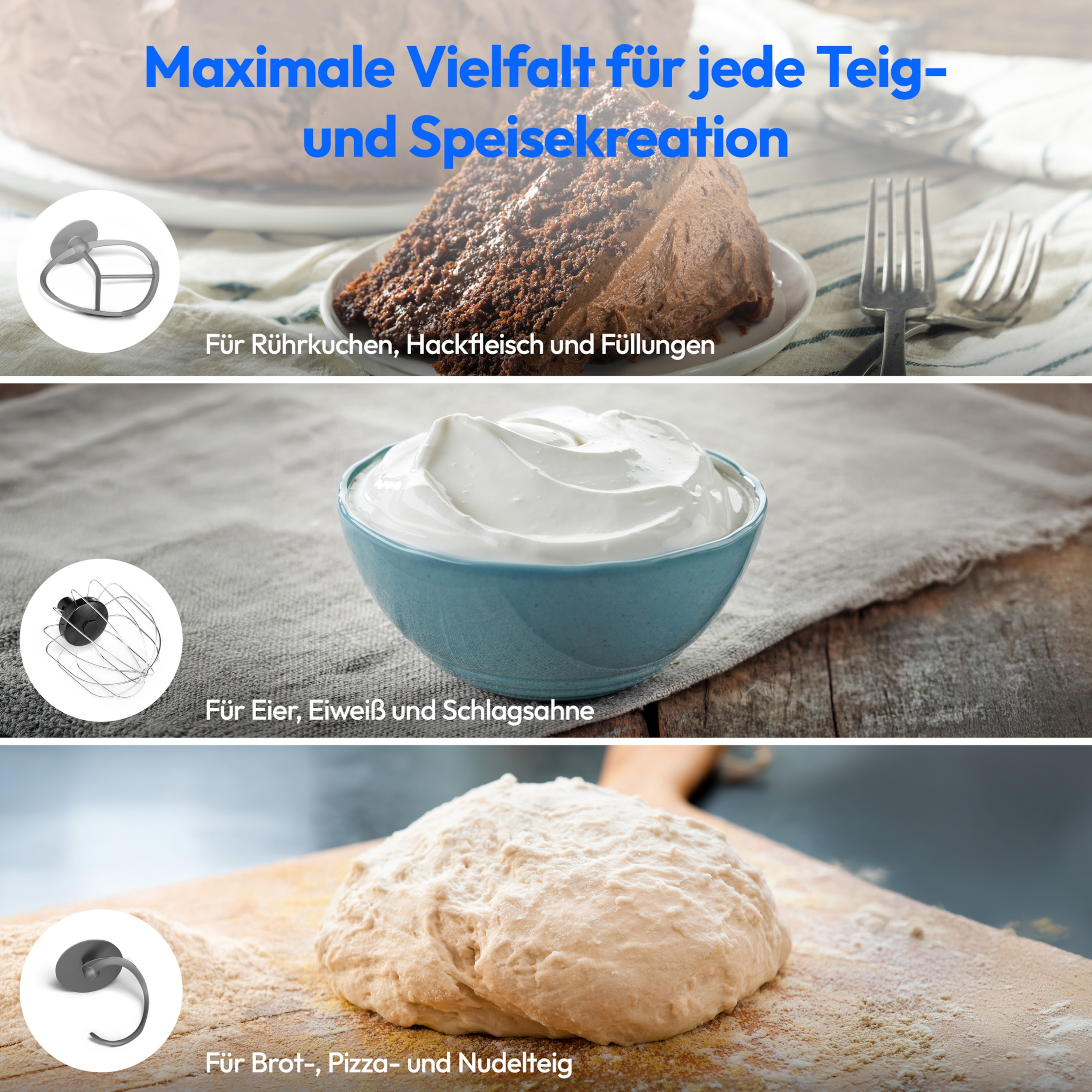 Imágenes de preparación de alimentos con pastel, crema y masa, con utensilios de cocina.